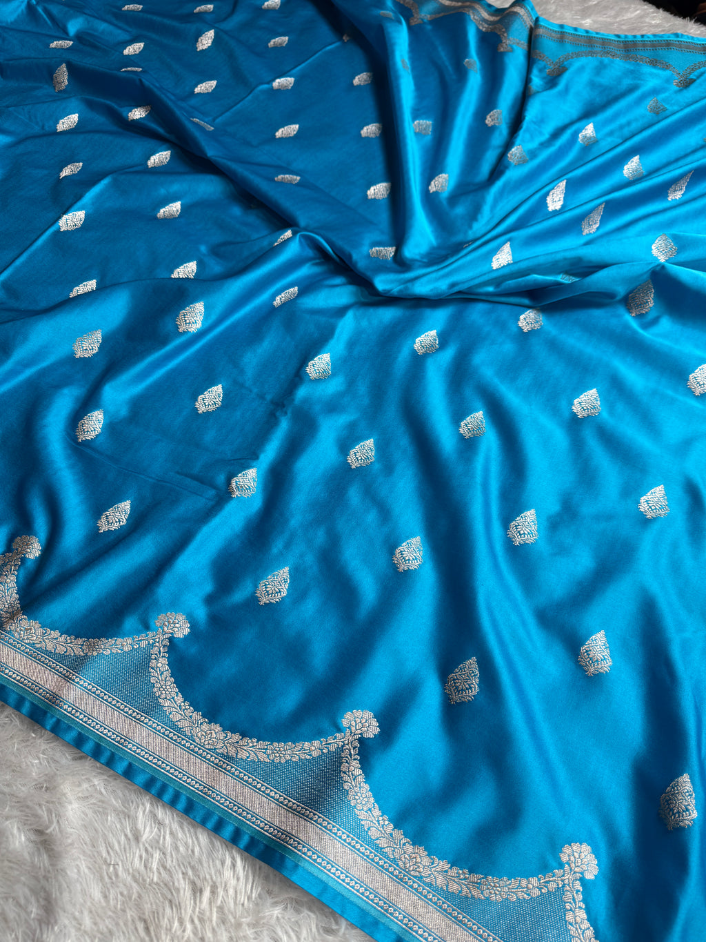 Light Blue Banarasi Mashru Kataan Silk Saree with All-over Jaal Weaving & Rupa-Sona Zari Work MKS111