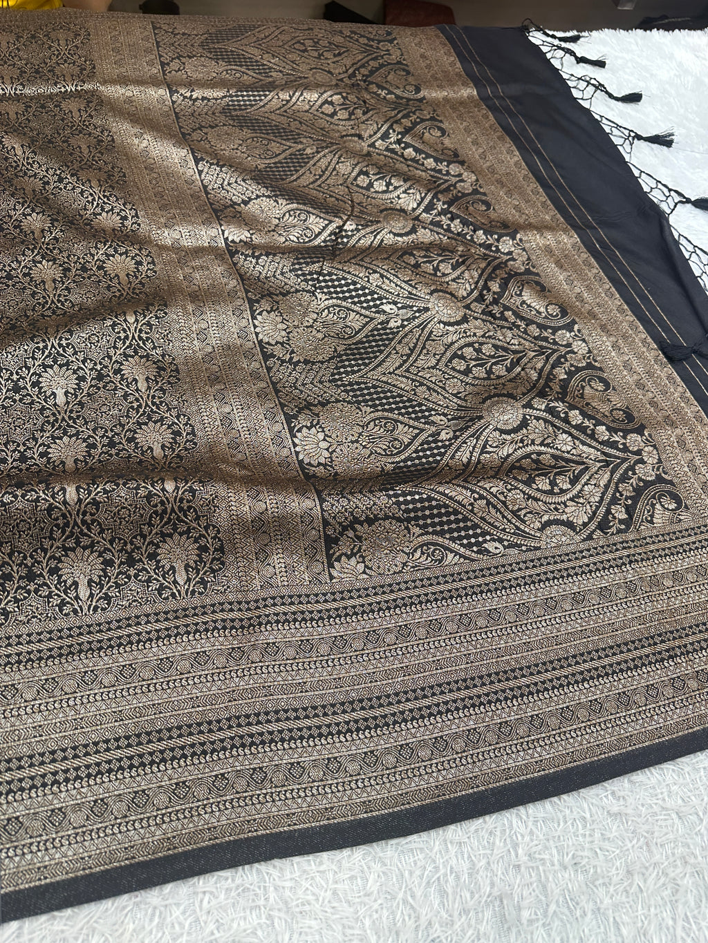 Black Banarasi Dupion Silk Saree with Embossed Antique Zari Weaving & Rich Antique Zari Pallu | STF79