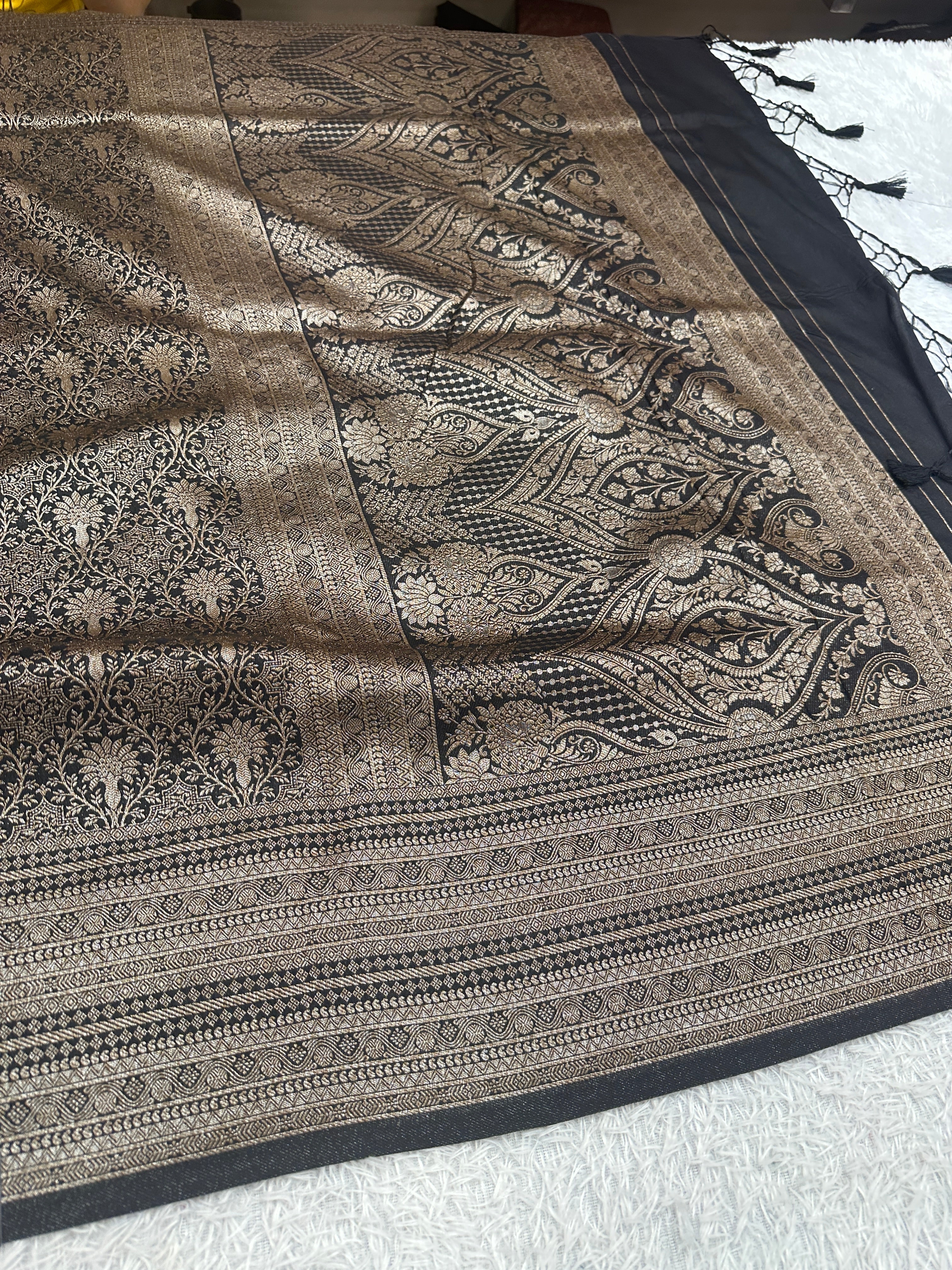 Black Banarasi Dupion Silk Saree with Embossed Antique Zari Weaving & Rich Antique Zari Pallu | STF79