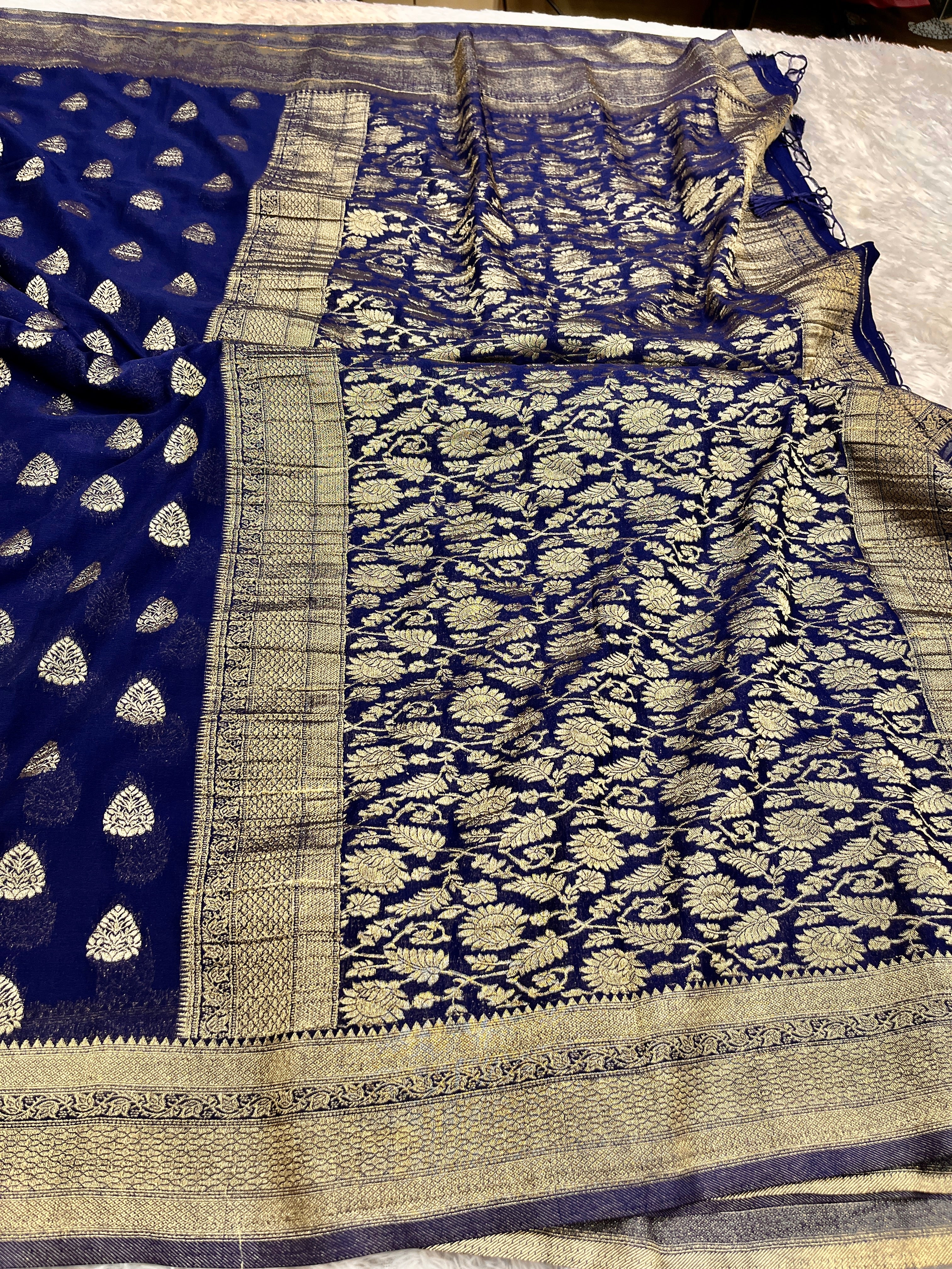 Chinon Silk Buta Zari Navy blue  Color Saree CN01
