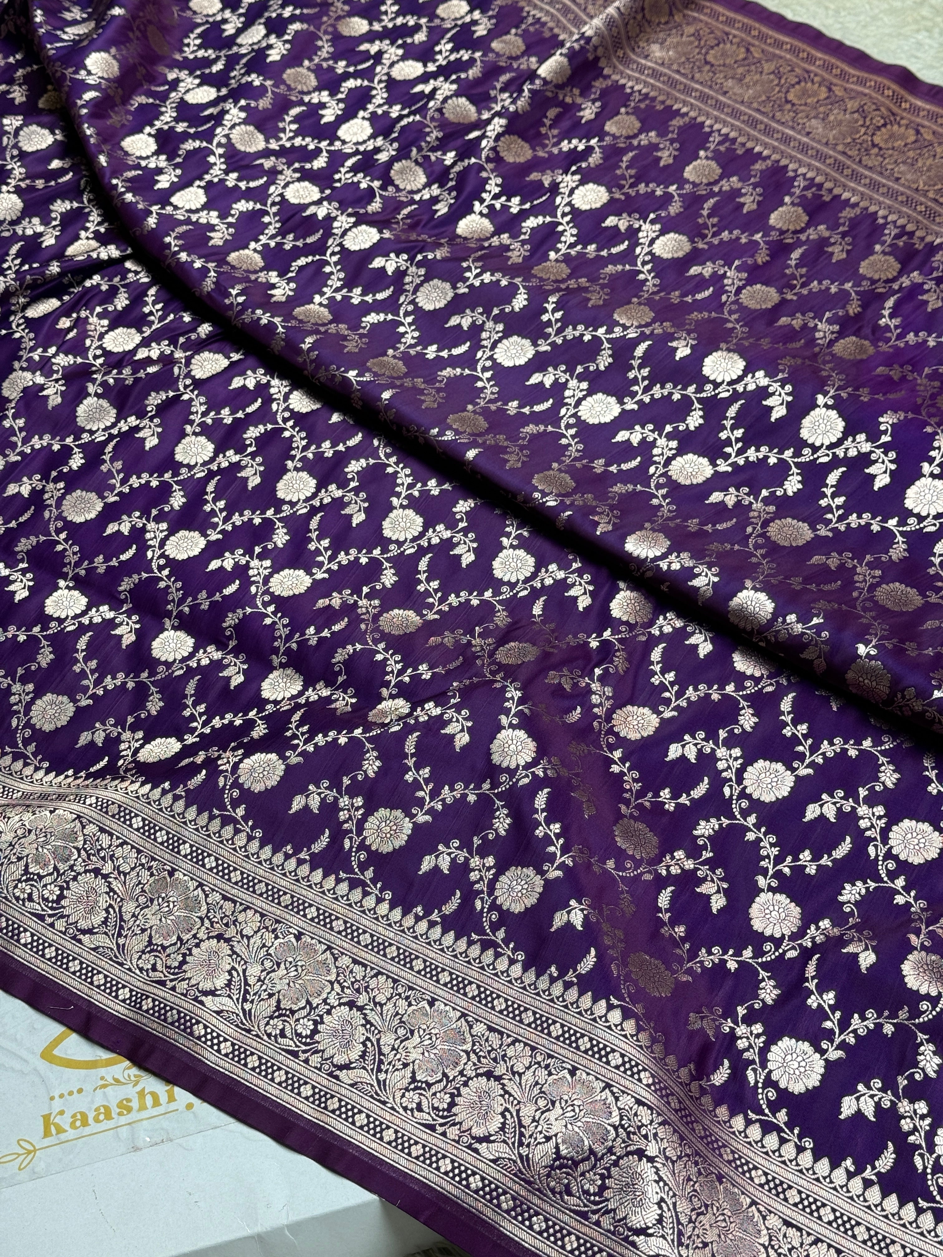 Royal Purple Jangla Woven Mashru Kataan Silk Banarasi Saree with Rich Jacquard Pallu – MKS502