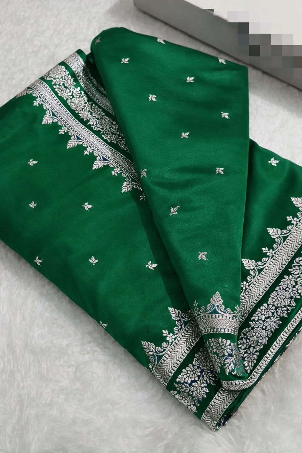 Banarasi Mashru Kataan Silk Saree Featuring Small Buti Pattern with Ikkat Border and Zari Pallu – MKS407