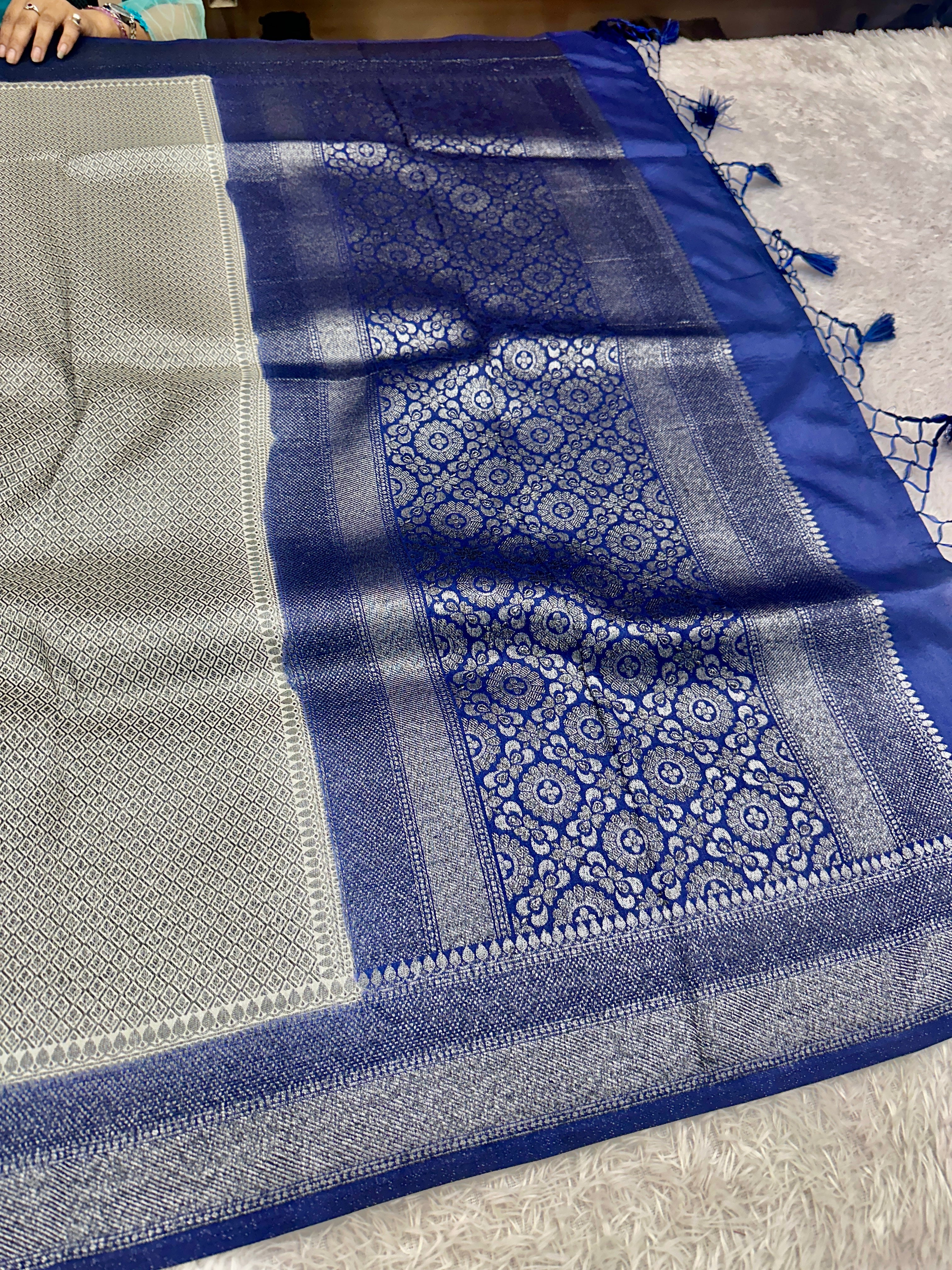 STF46 – Graceful Cream Dupion Saree with Silver-Black Antique Zari Weaving