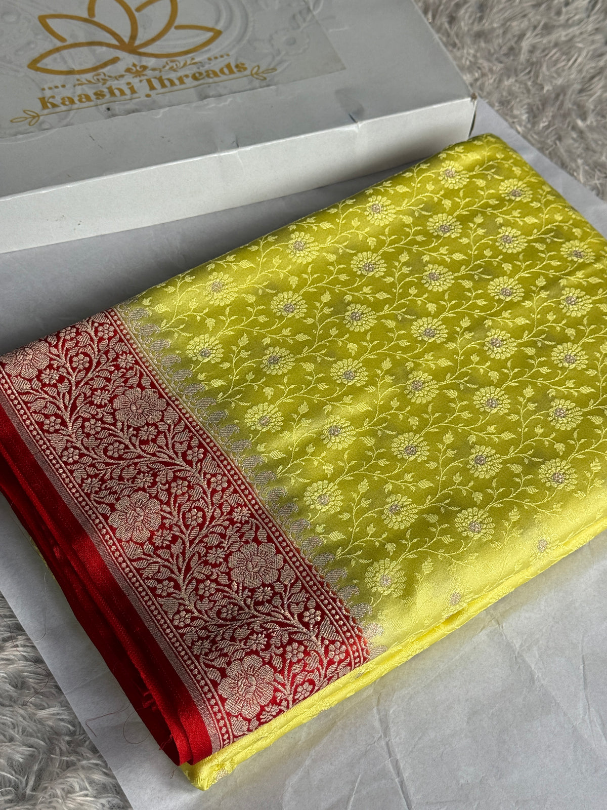 Lemon Yellow Mashru Kataan Silk Saree with Tanchhoi Zari Meenakari & Contrast Red Pallu | MKS811