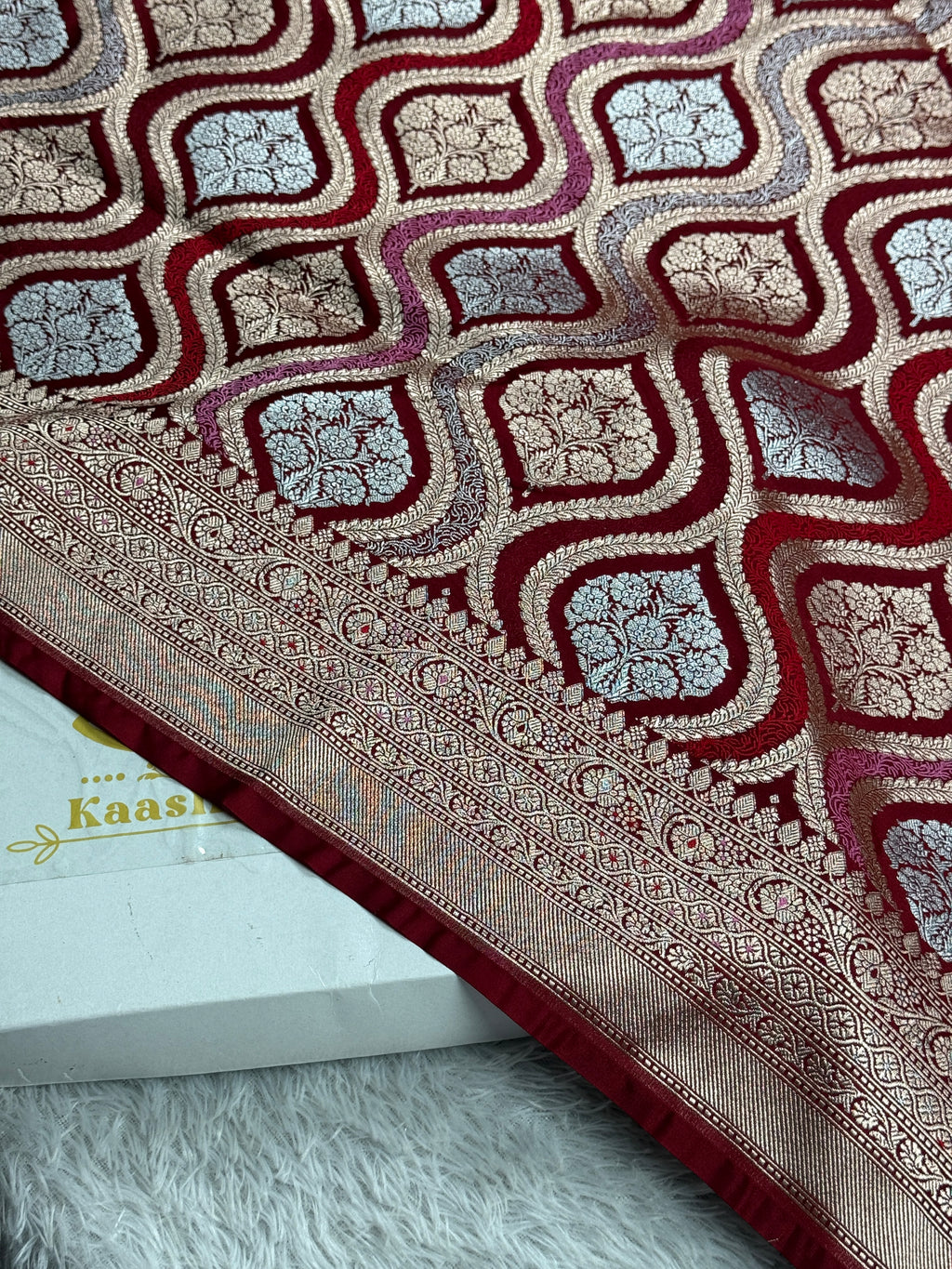 Elegant Maroon Mashru Kataan Silk Banarasi Saree with Traditional Zari Jaal Pattern | Kaashi Threads MKS403