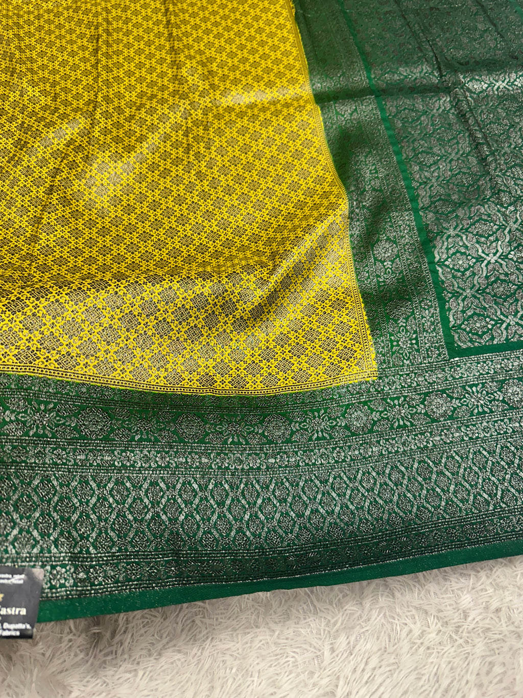 STF44 – Radiant Lemon Yellow Dupion Saree with Silver-Black Antique Zari Weaving