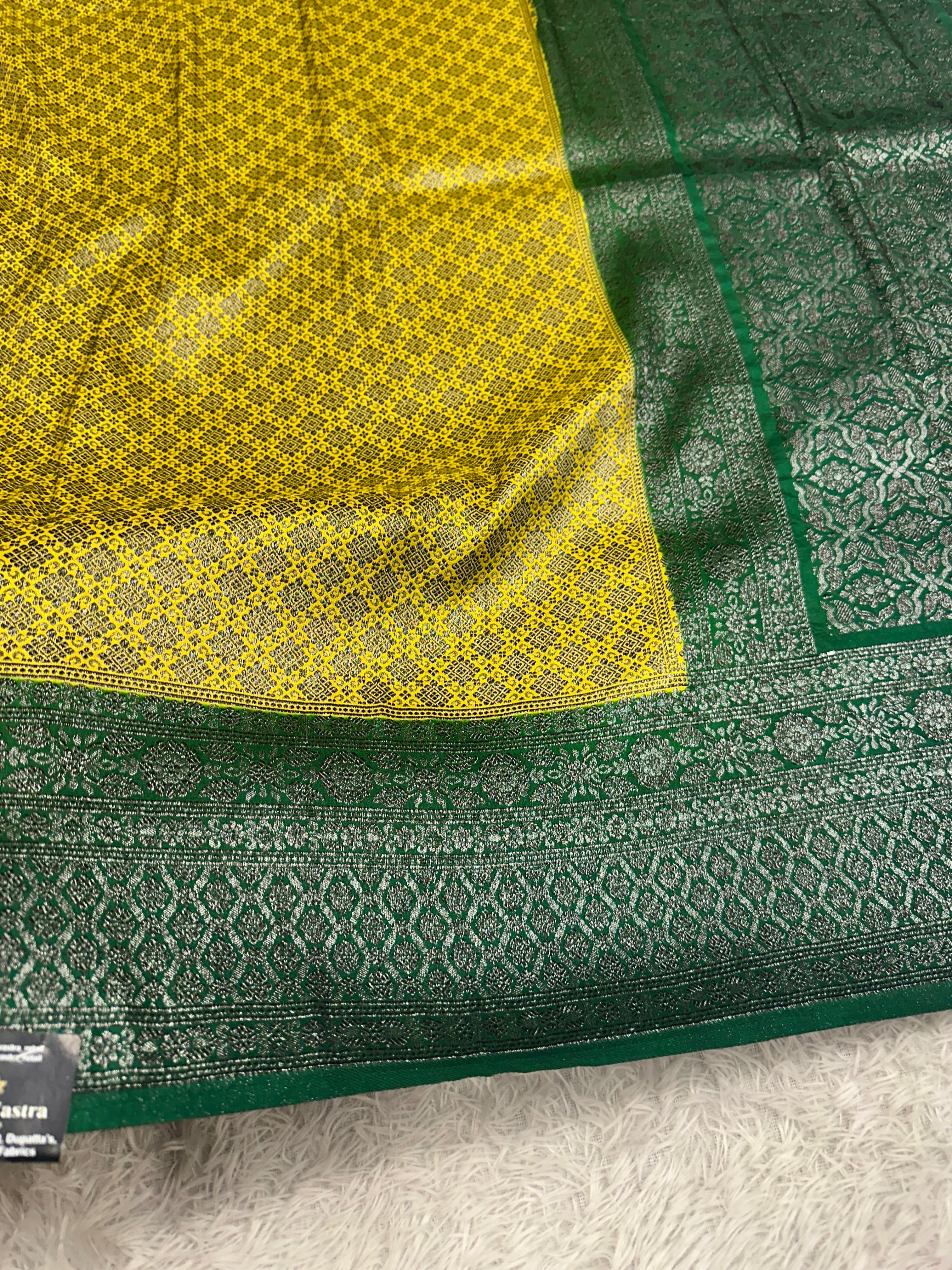 STF44 – Radiant Lemon Yellow Dupion Saree with Silver-Black Antique Zari Weaving