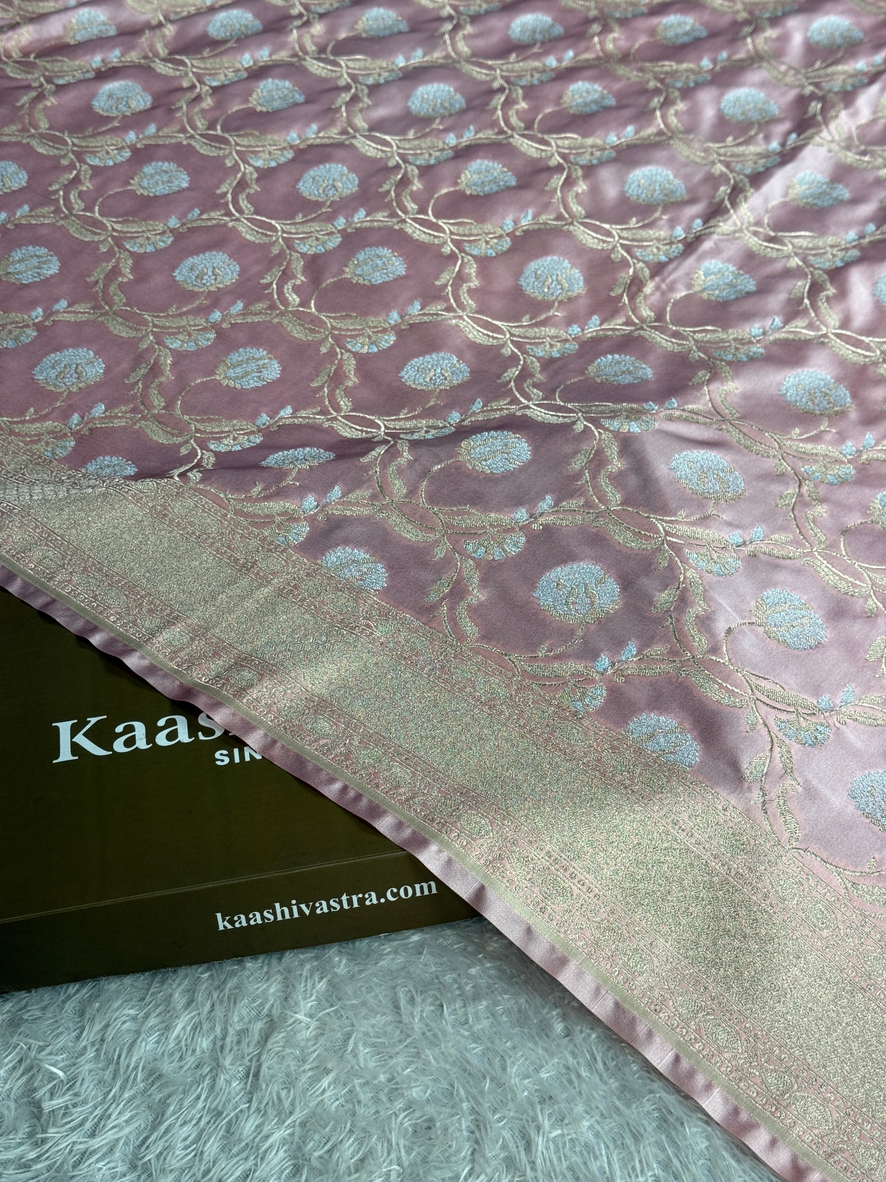 Peach Mashru Kataan Silk Jaal Woven Banarasi Saree with Silver Zari Meena Work – MKS731