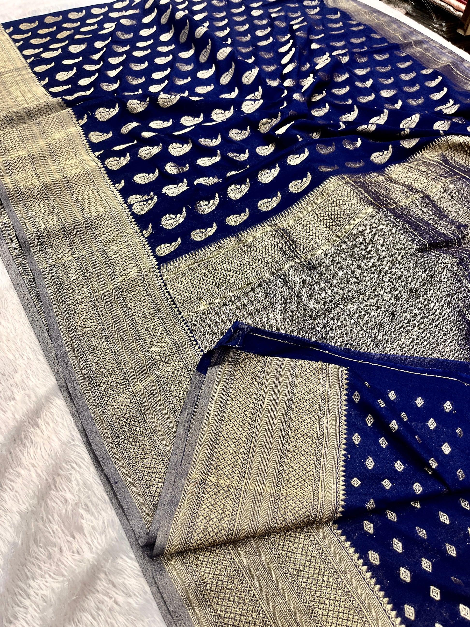 Chinon Silk Karry  Buta  Design Navy blue Saree CN07