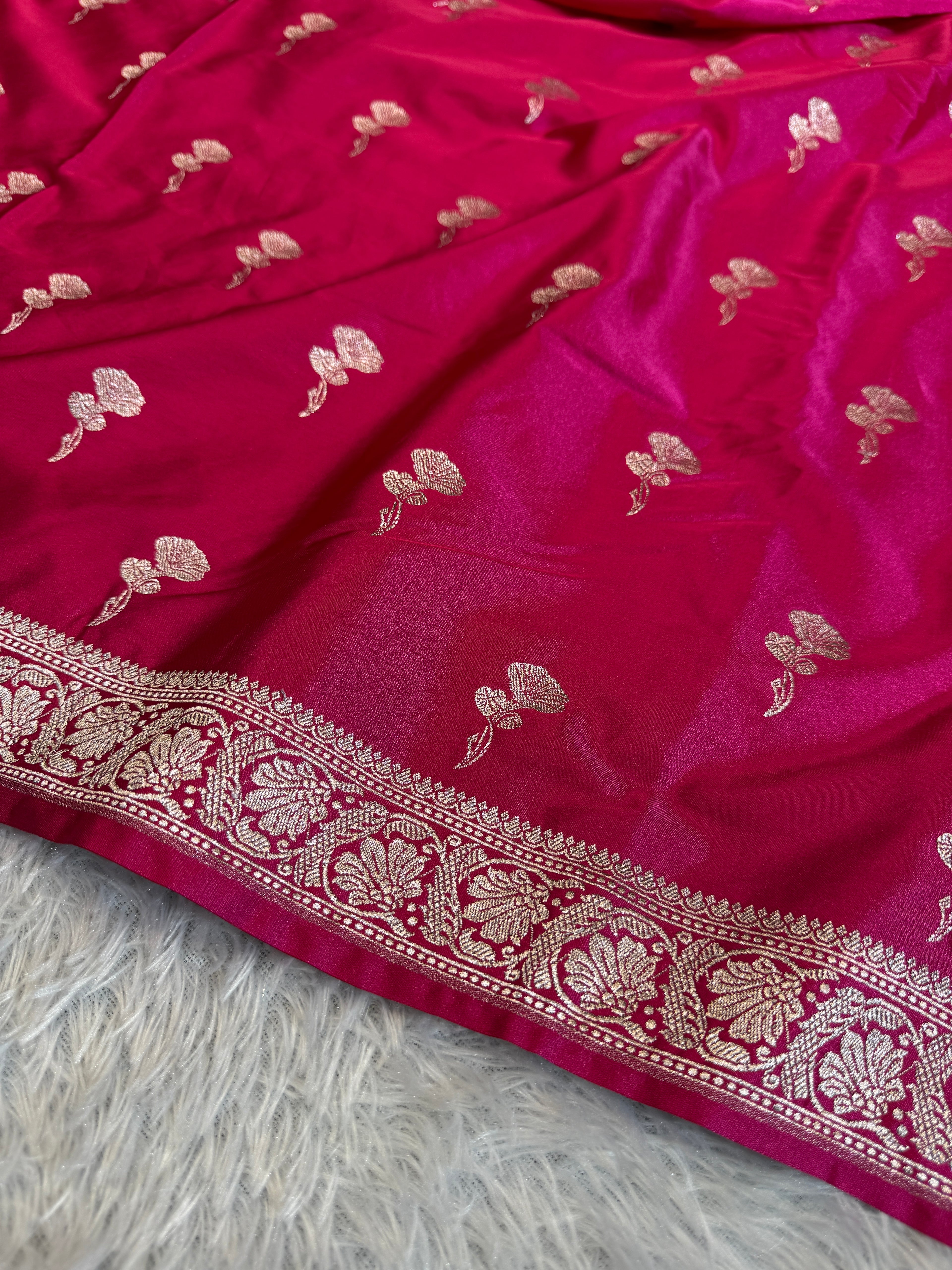 Rani Pink Banarasi Mashru Silk Saree with Jacquard Woven Floral Buta Pattern MKS132