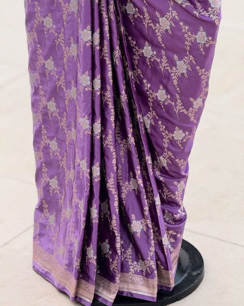 Banarasi Mashru Kataan Silk Saree Featuring Jaal Weave with Silver Zari Meena Work & Rich Pallu – MKS414