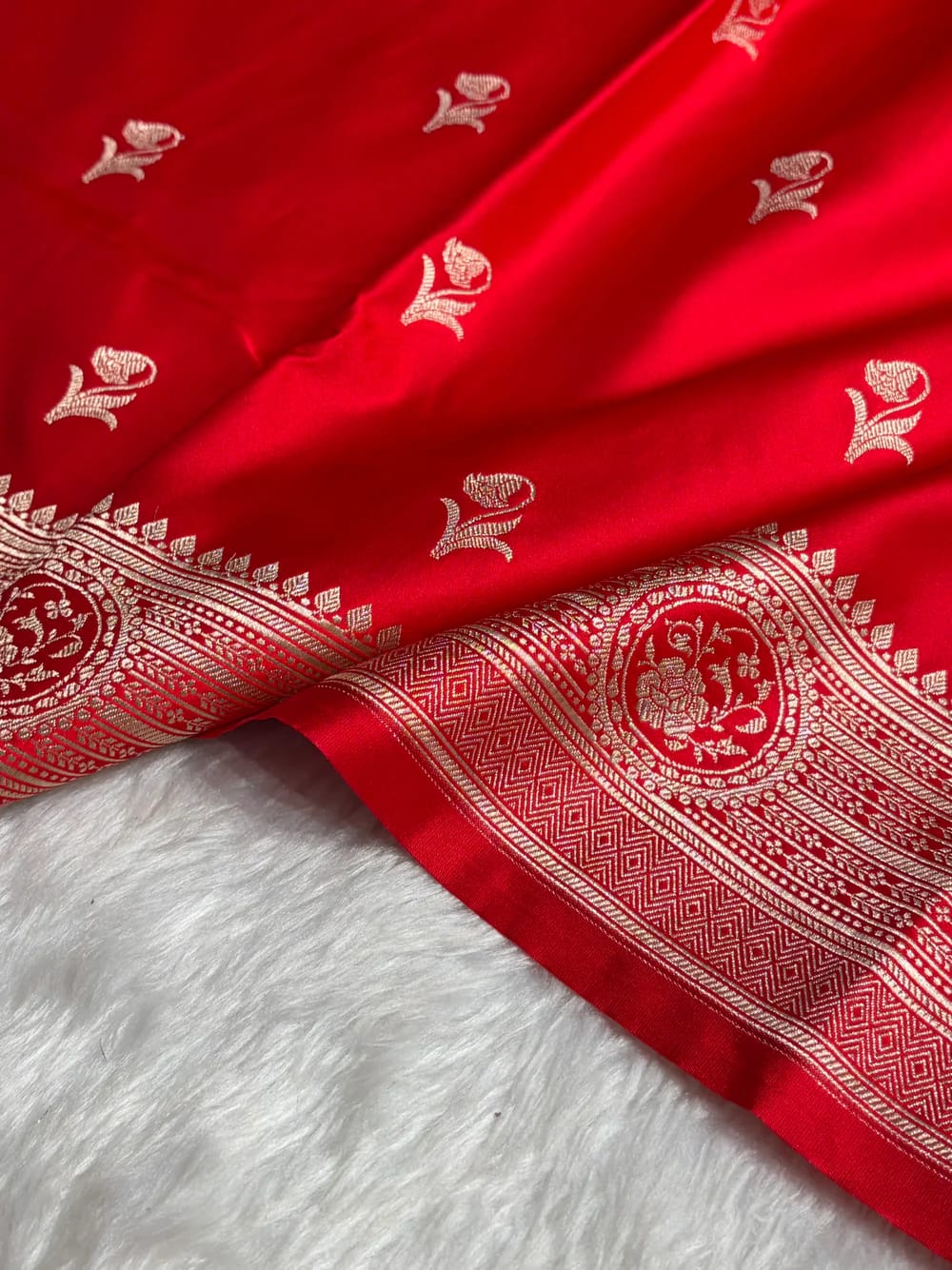 MKS305 Banarasi Mashru Silk Saree with Buta Pattern – Black, Red, Green, Yellow & Orange