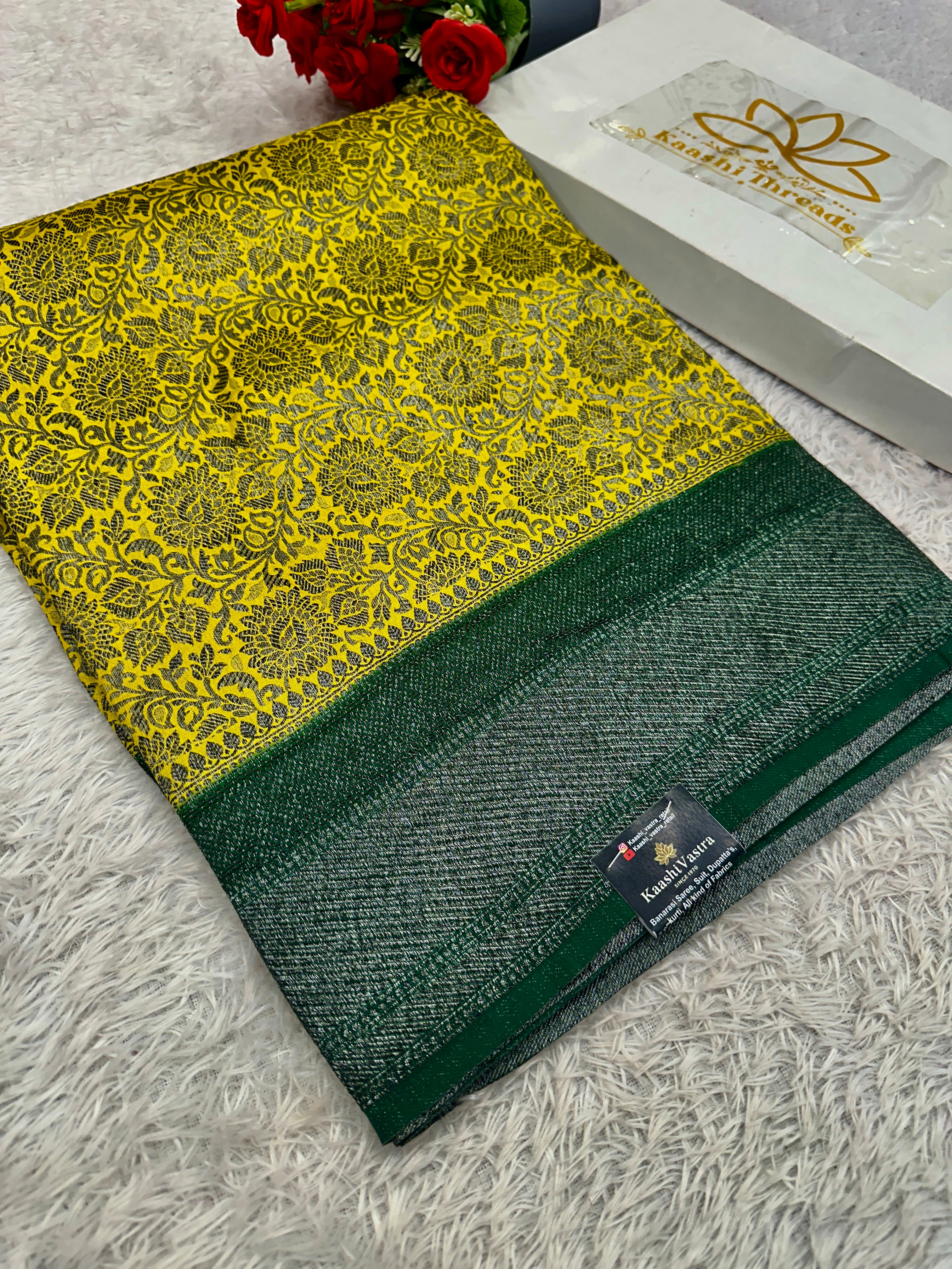 STF43– Radiant Lemon Yellow Dupion Saree with Silver-Black Antique Zari Weaving