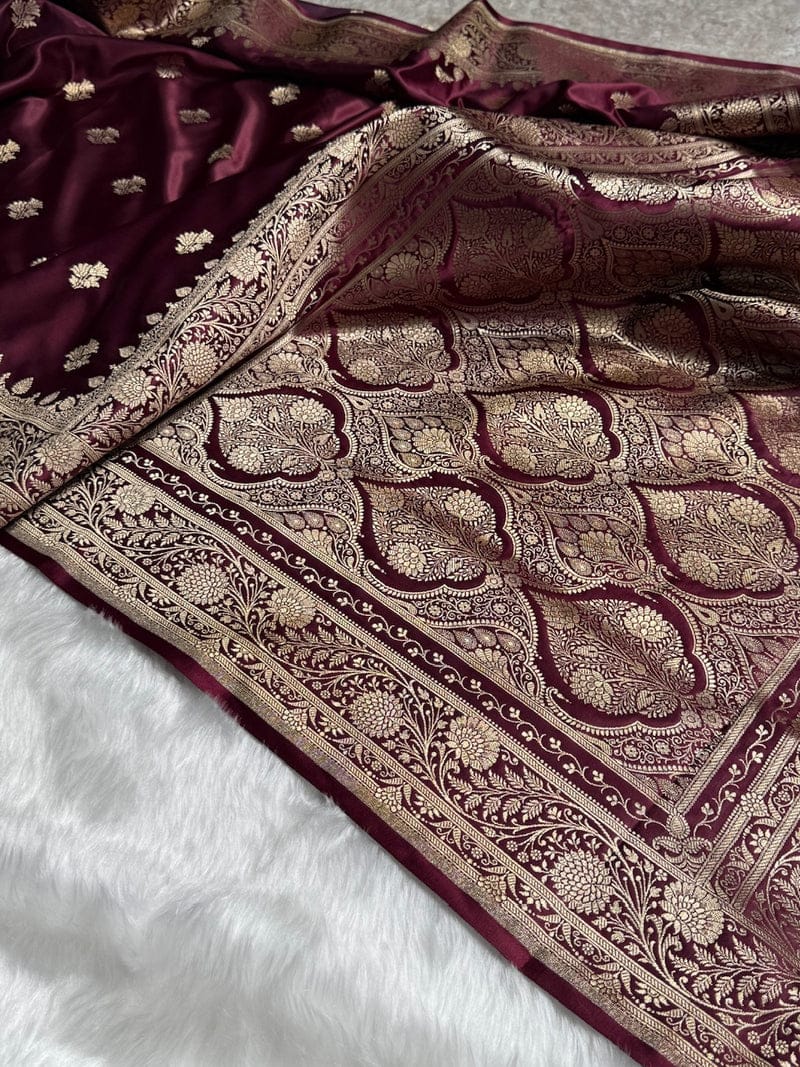 Banarasi Mashru Kataan Silk Saree Featuring Fancy Buta Pattern with Ikkat Border & Zari Pallu – MKS408