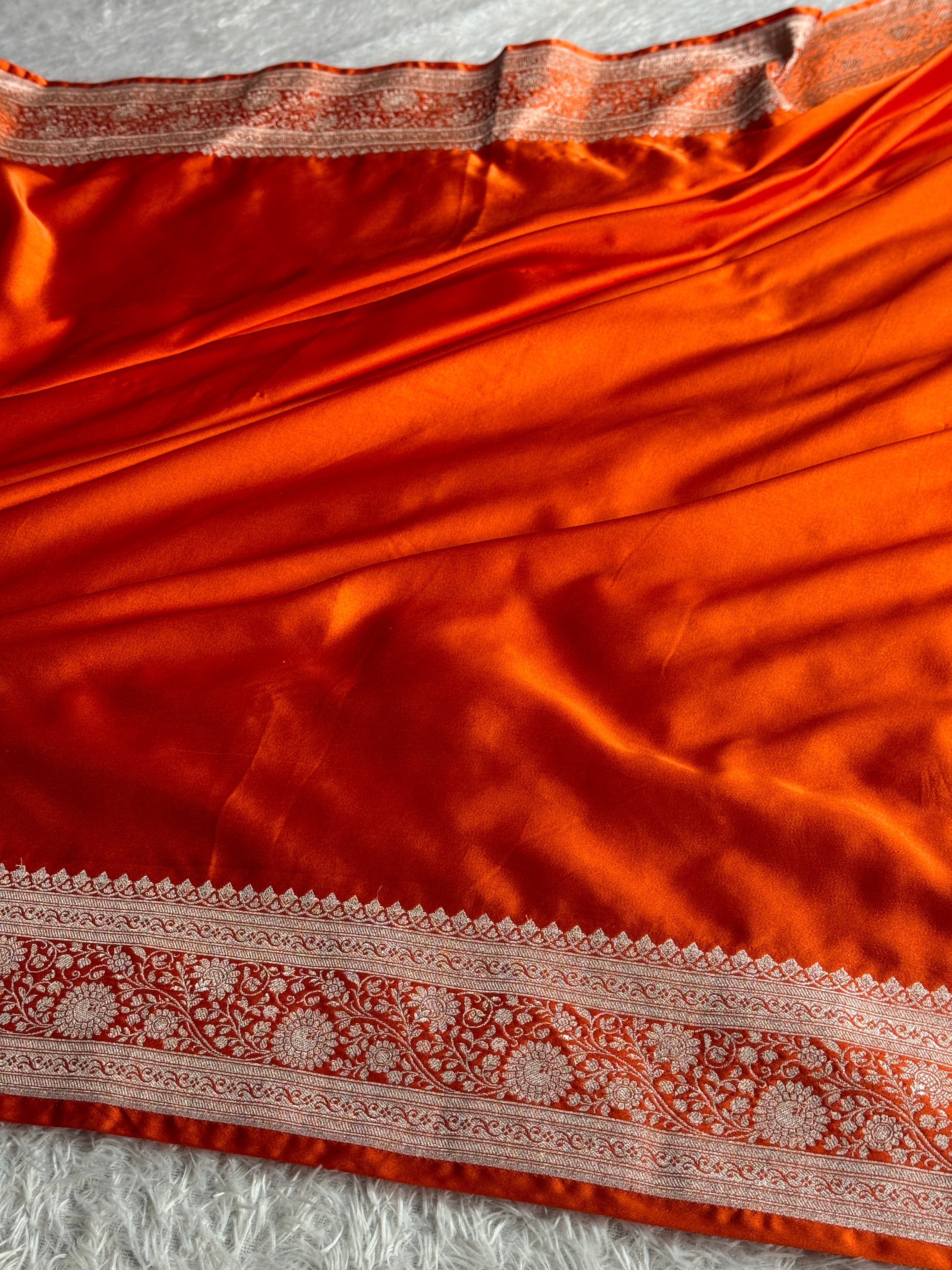 Orange Banarasi Mashru Kataan Silk Saree with Zari Woven Border | MKS711