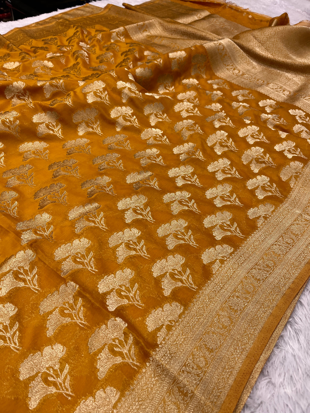 Chinon Silk Dual Flower Design Mustard Color Saree CN05