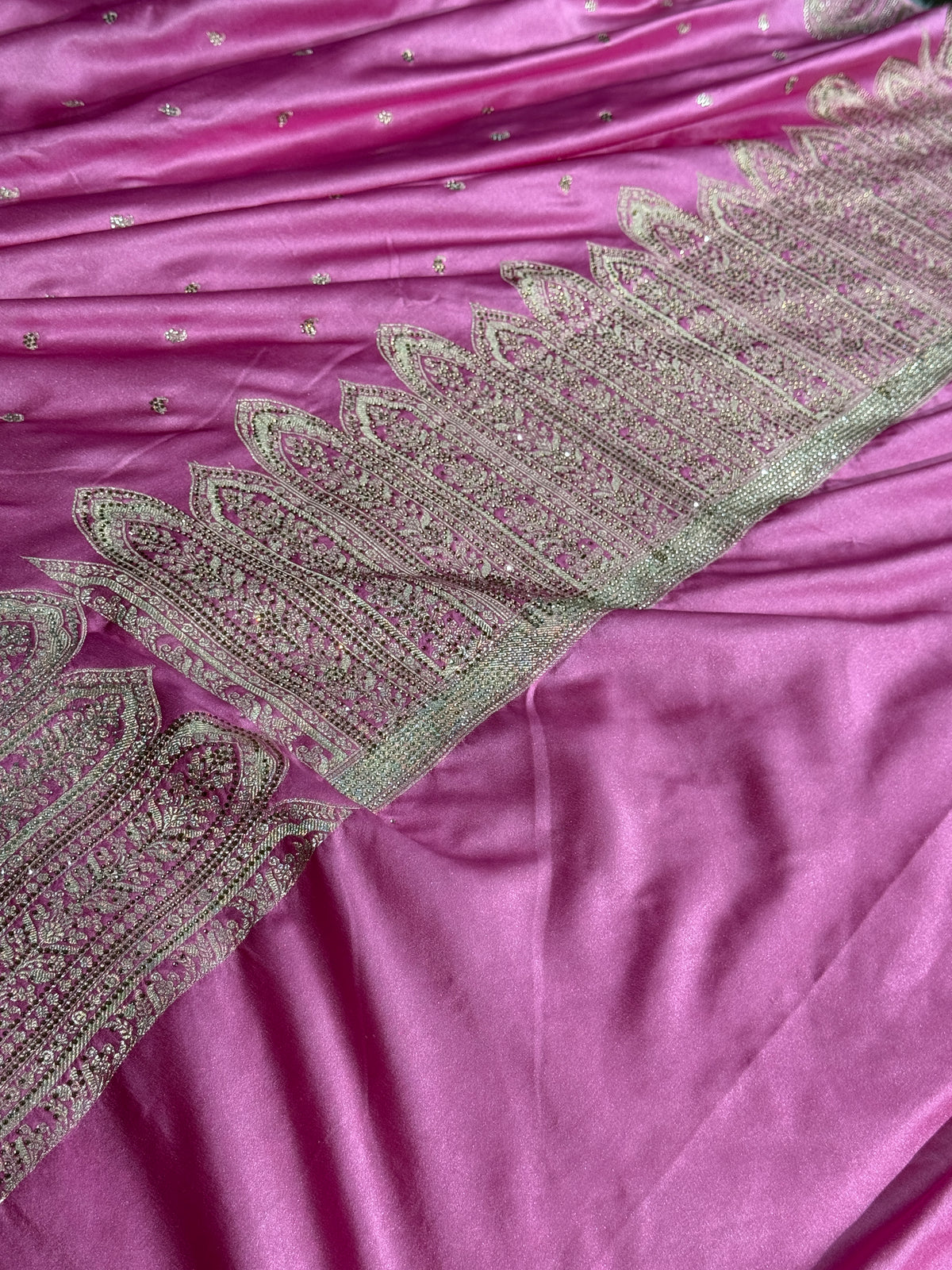 MKS809 – Premium Mashru Kataan Silk Saree with Ikkat Zari Weaving & 1 Lakh+ Swarovski Work