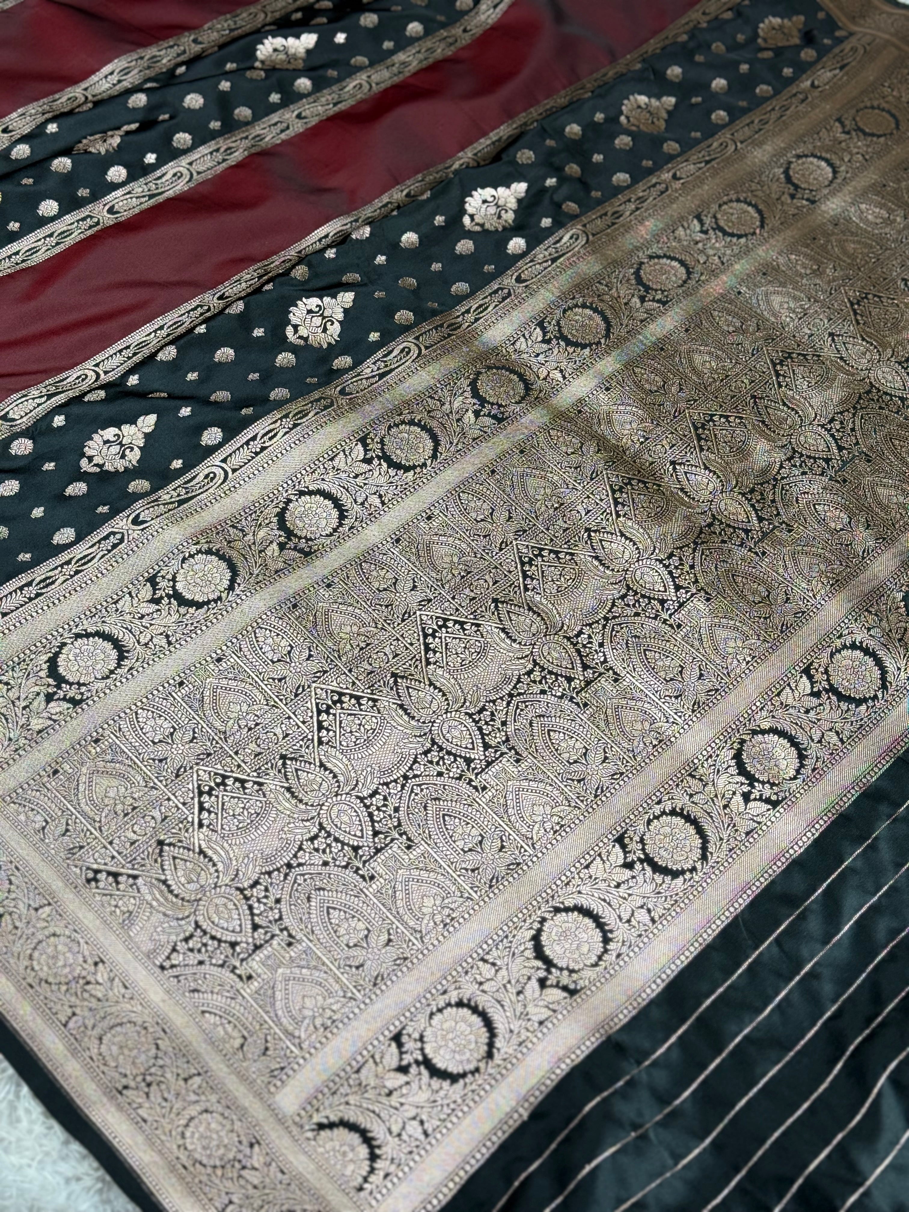 Designer Wine & Black Rangkat Mashru Kataan Silk Banarasi Saree – MKS673
