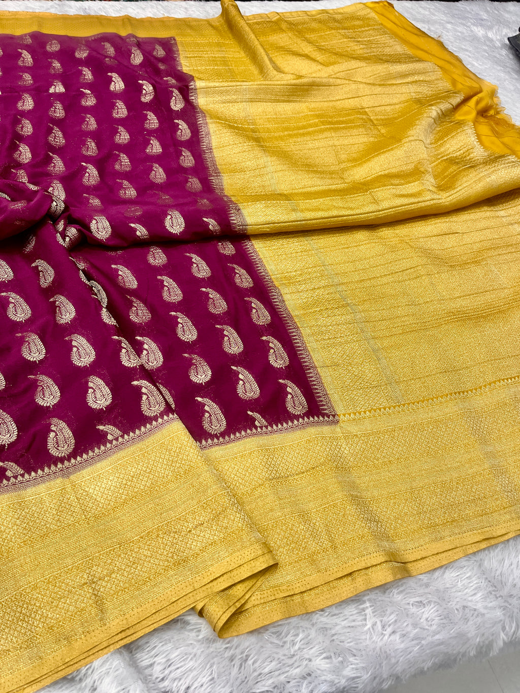 Chinon Silk Karry  Buta  Design Wine with yellow color  Saree CN07