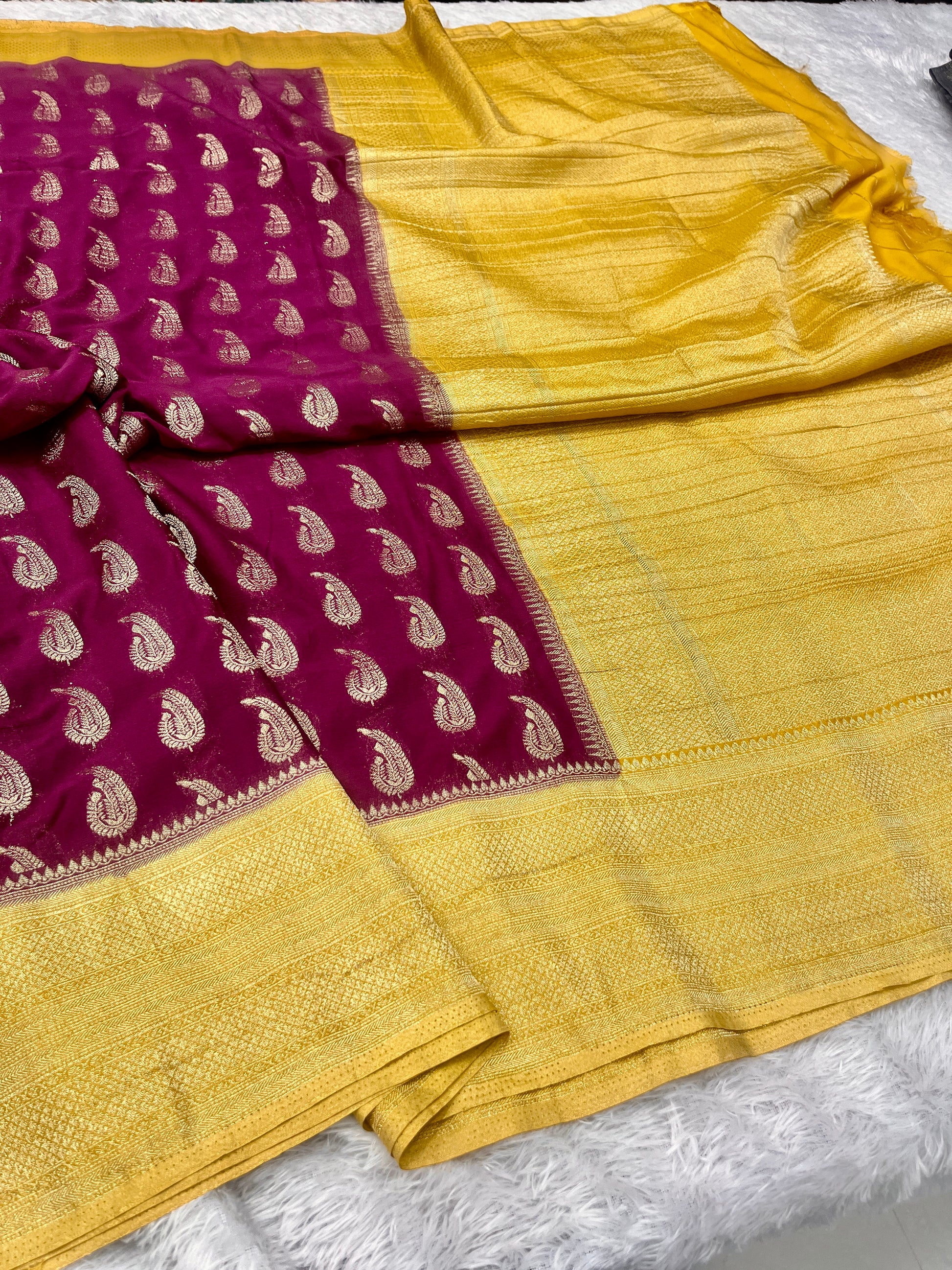 Chinon Silk Karry  Buta  Design Wine with yellow color  Saree CN07
