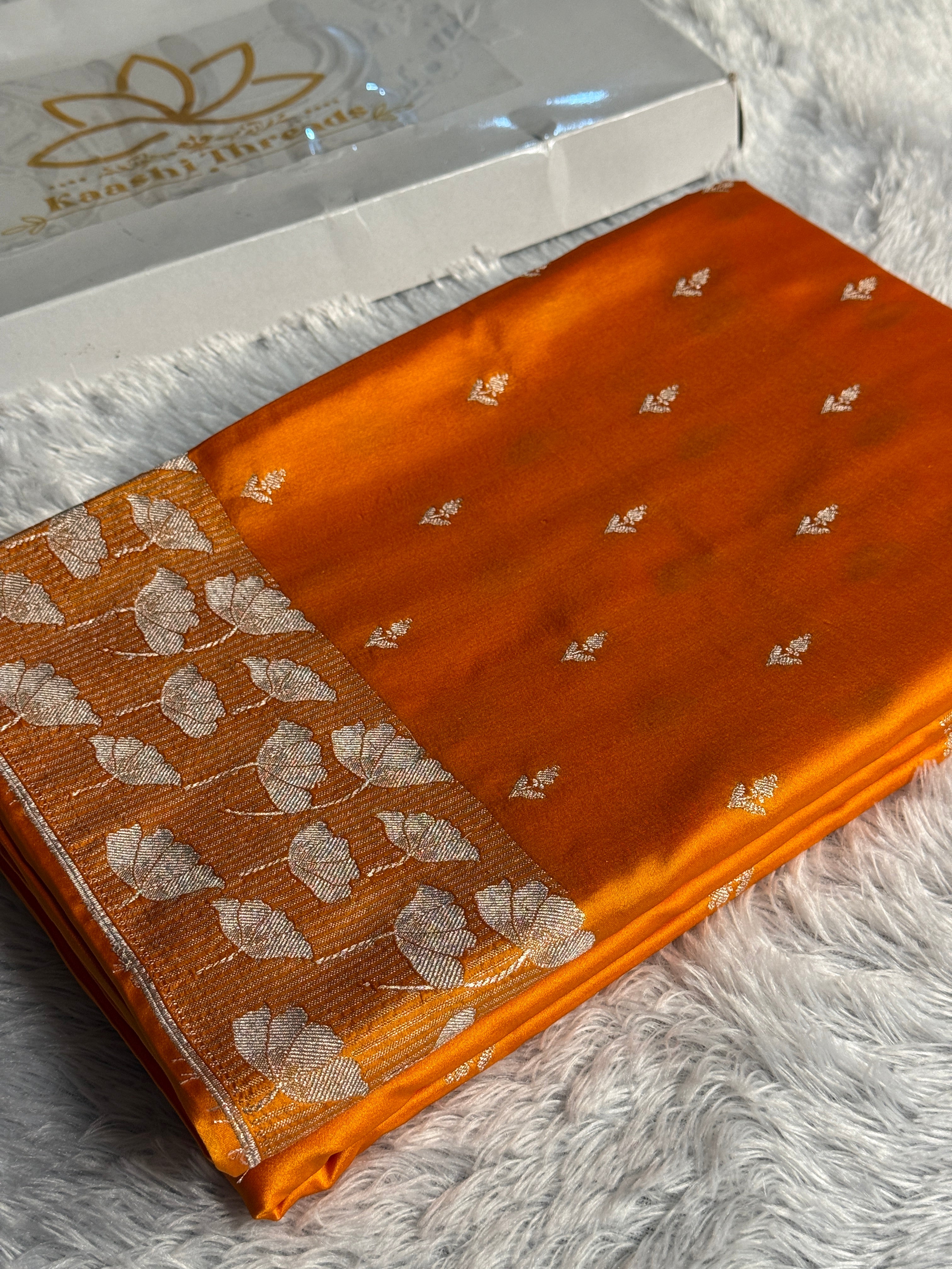 Mashru Kataan Silk Buta Woven Banarasi Saree with Fancy Woven Border – Yellow Orange | MKS596