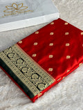 Banarasi Mashru Kataan Silk Saree – Red with Green Contrast | Buta Woven Design | Rich Zari Pallu | MKS751