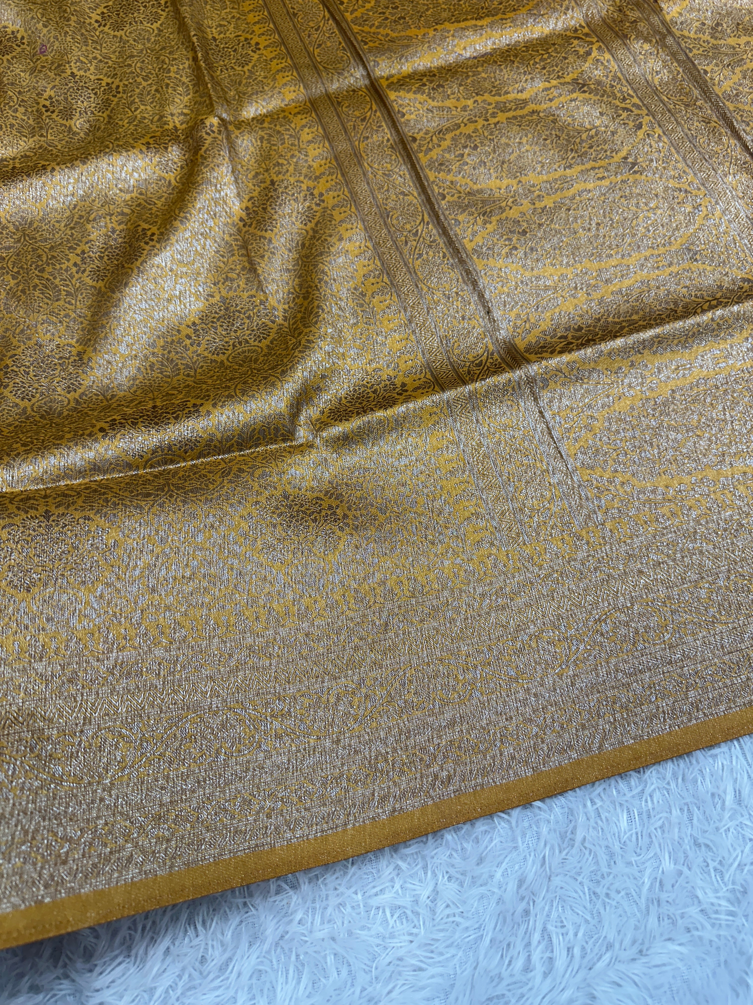 Mustard Yeallow Banarasi Dupion Silk Saree with Embossed Antique Zari Weaving & Rich Antique Zari Pallu | STF73
