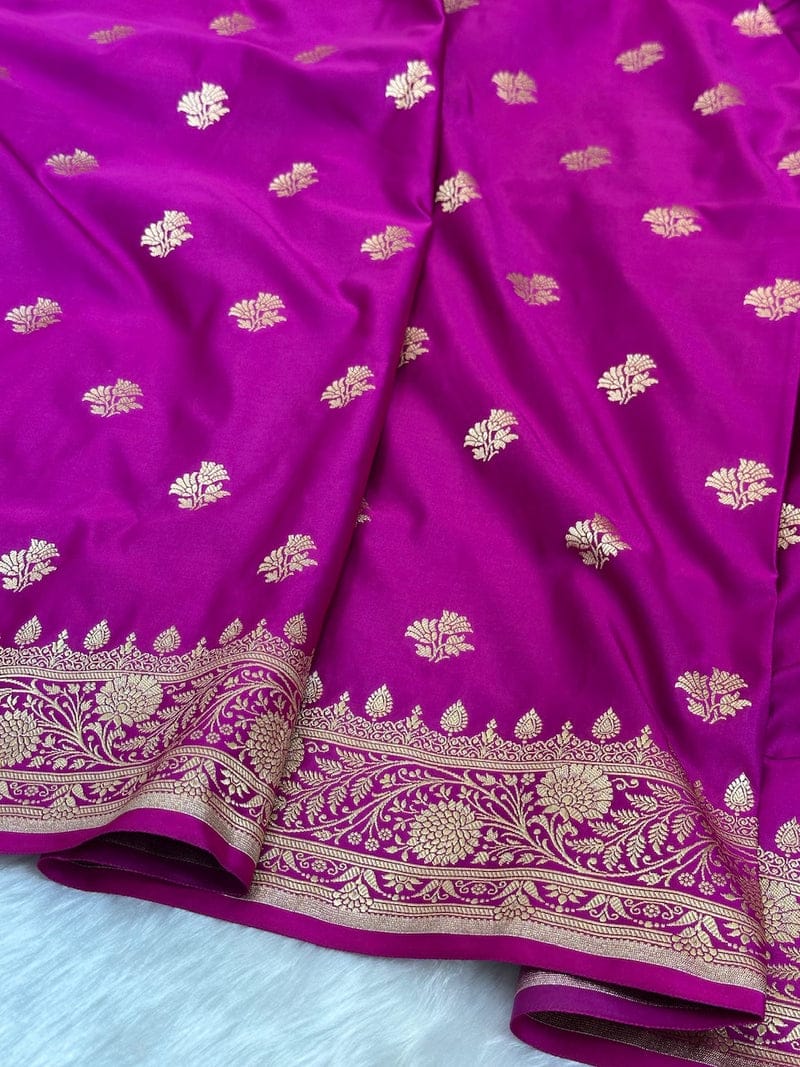 Banarasi Mashru Kataan Silk Saree Featuring Fancy Buta Pattern with Ikkat Border & Zari Pallu – MKS408