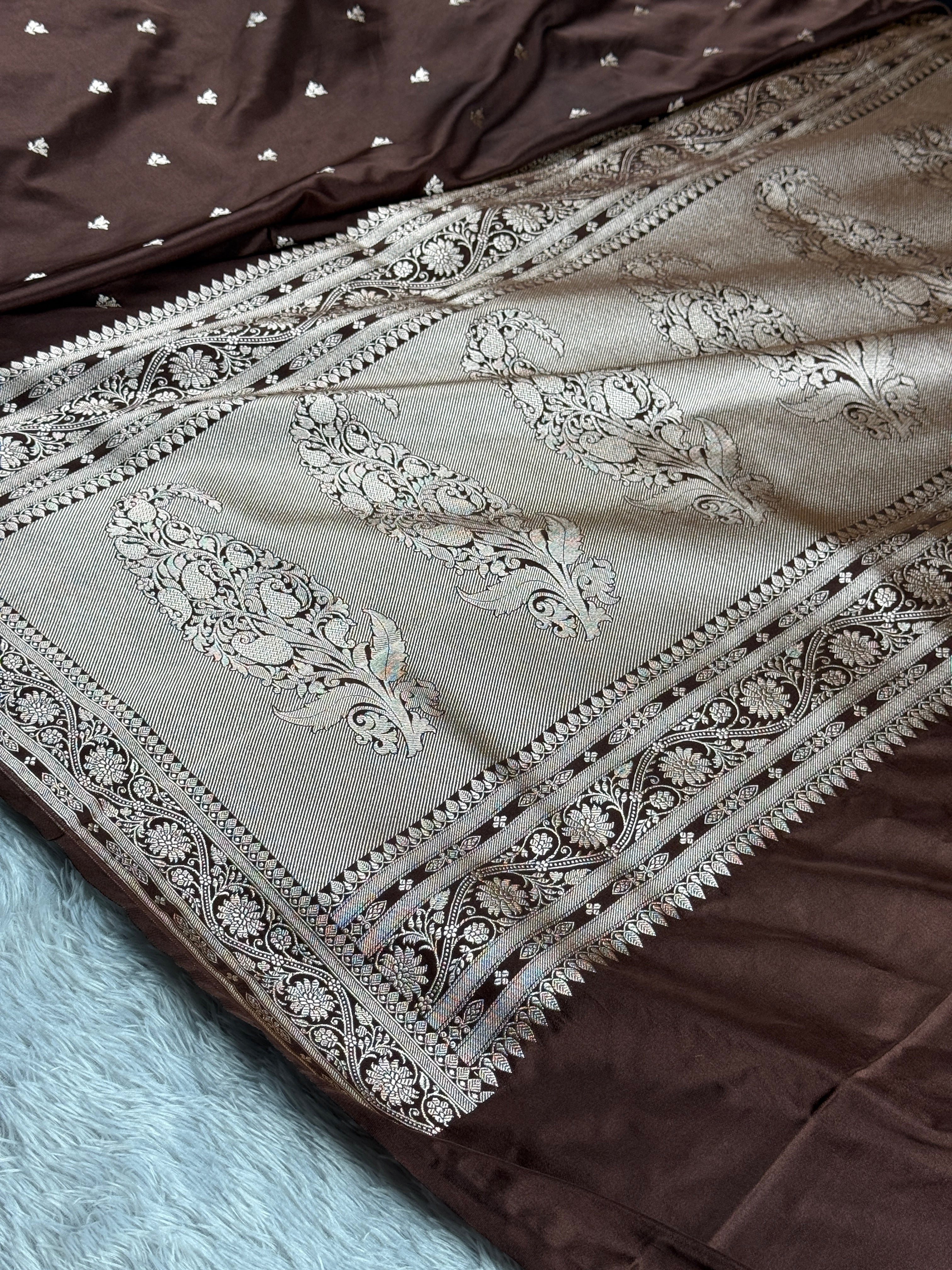 Coffee Brown Mashru Kataan Silk Saree with Zari Buti Weaving & Rich Zari Pallu – MKS507