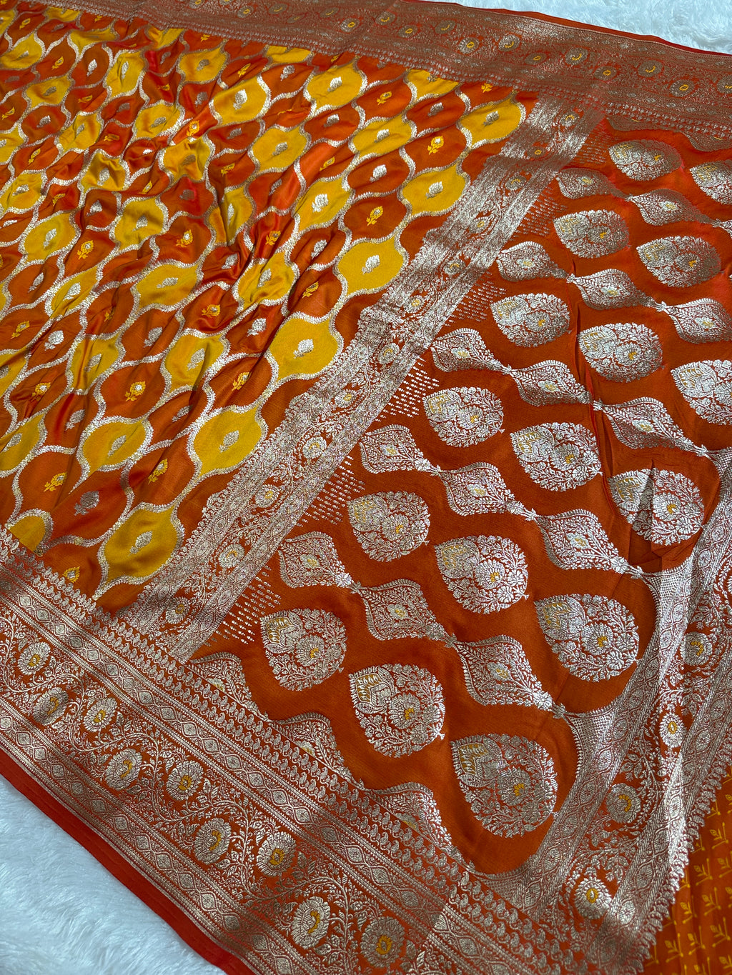 Yellow and Orange Rangkaat Banarasi Mashru Silk Saree with Jacquard Woven Jaal Pattern MKS033