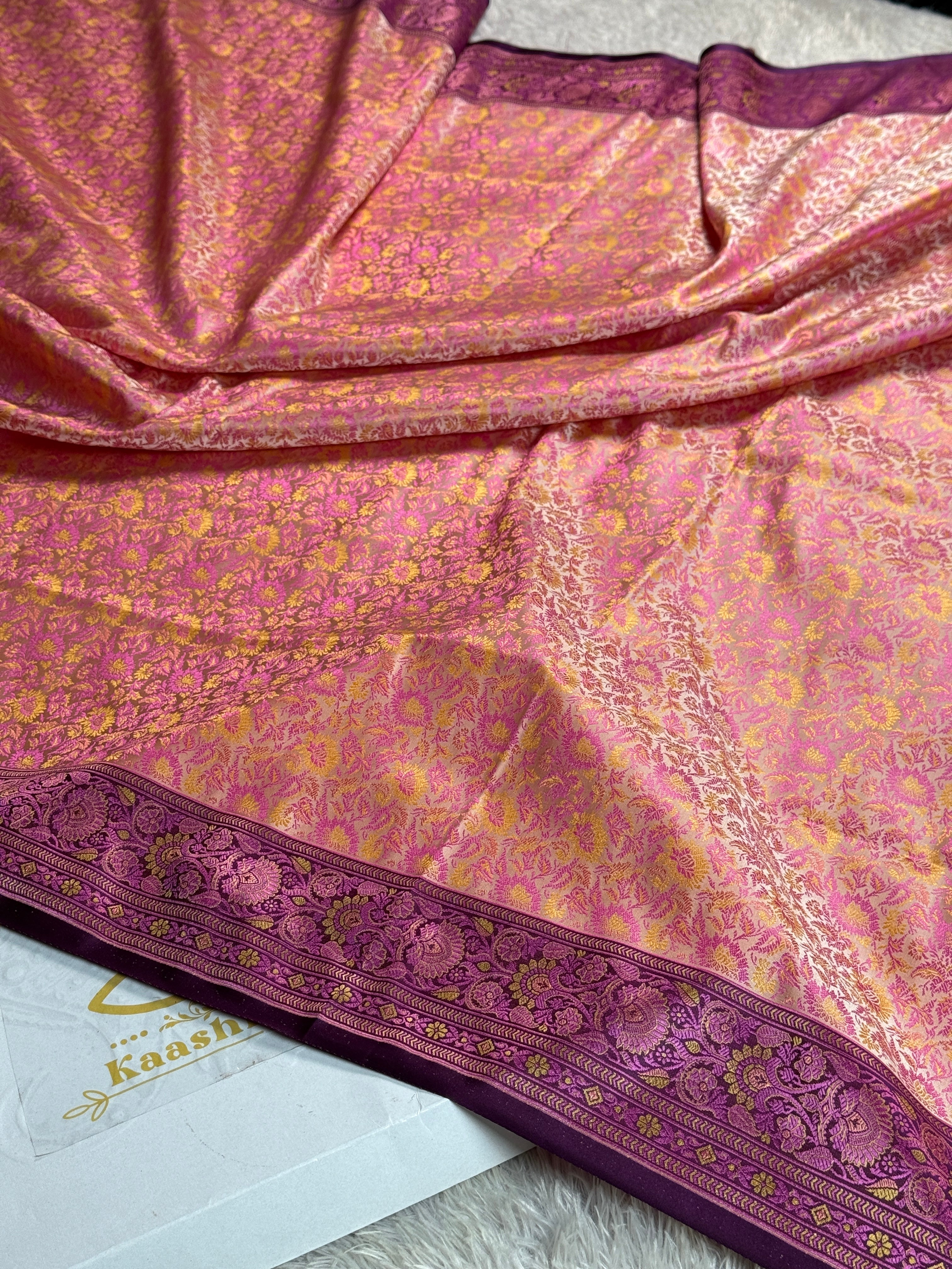 Beige with Dark Pink Banarasi Mashru Silk Saree with Jamawar Woven Design JMW11