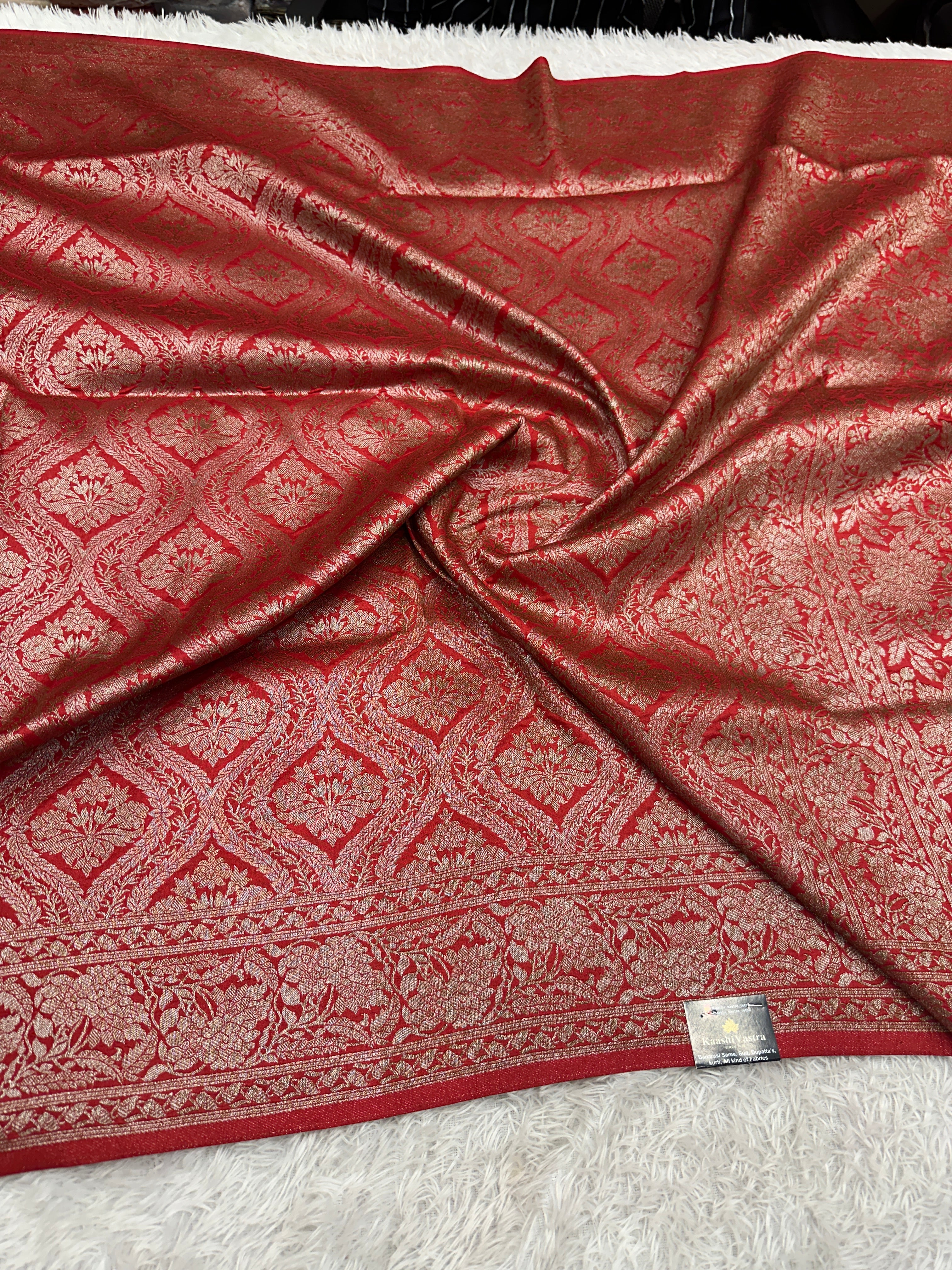 Red Banarasi Dupion Silk Saree with Embossed Antique Zari Weaving & Rich Antique Zari Pallu | STF66