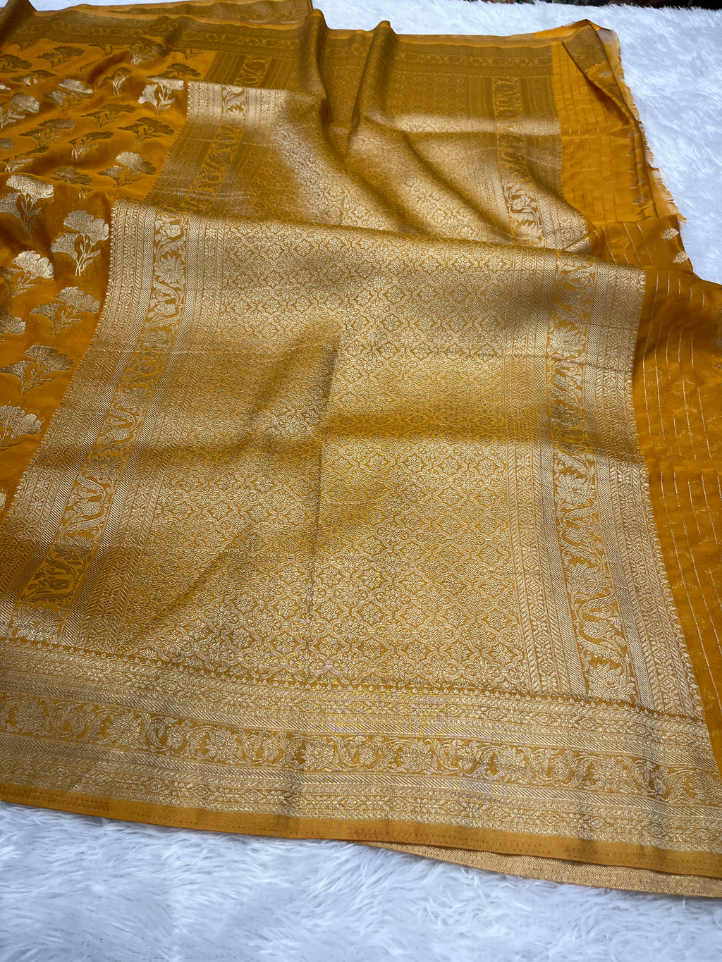 Chinon Silk Dual Flower Design Mustard Color Saree CN05
