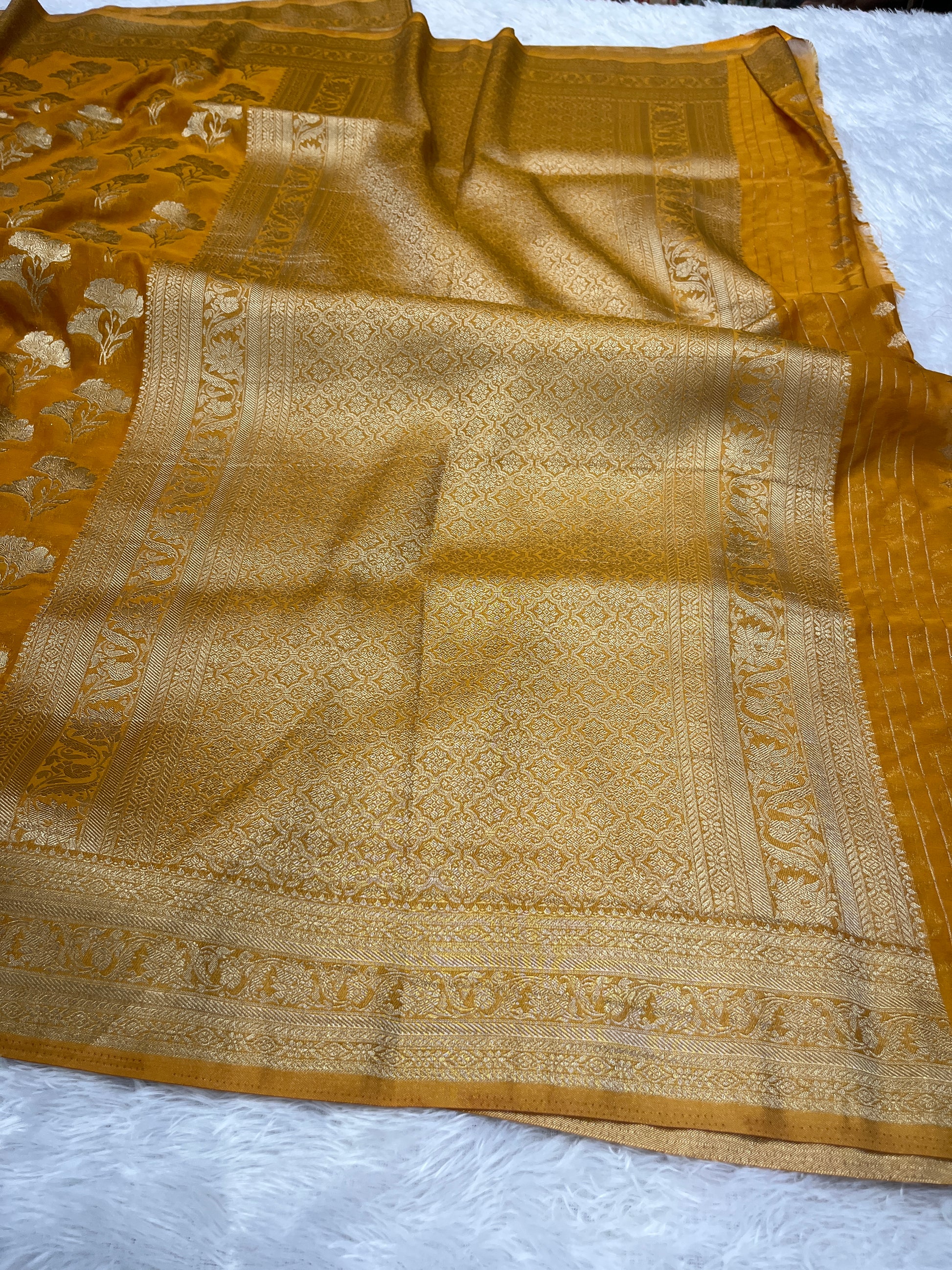Chinon Silk Dual Flower Design Mustard Color Saree CN05