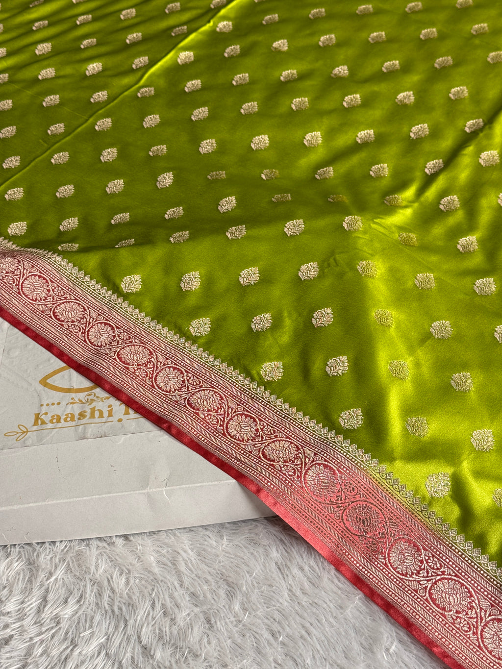 MKS690 – Mehndi & Peach Banarasi Mashru Kataan Silk Saree with Buta Woven Design