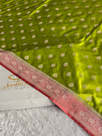MKS690 – Mehndi & Peach Banarasi Mashru Kataan Silk Saree with Buta Woven Design