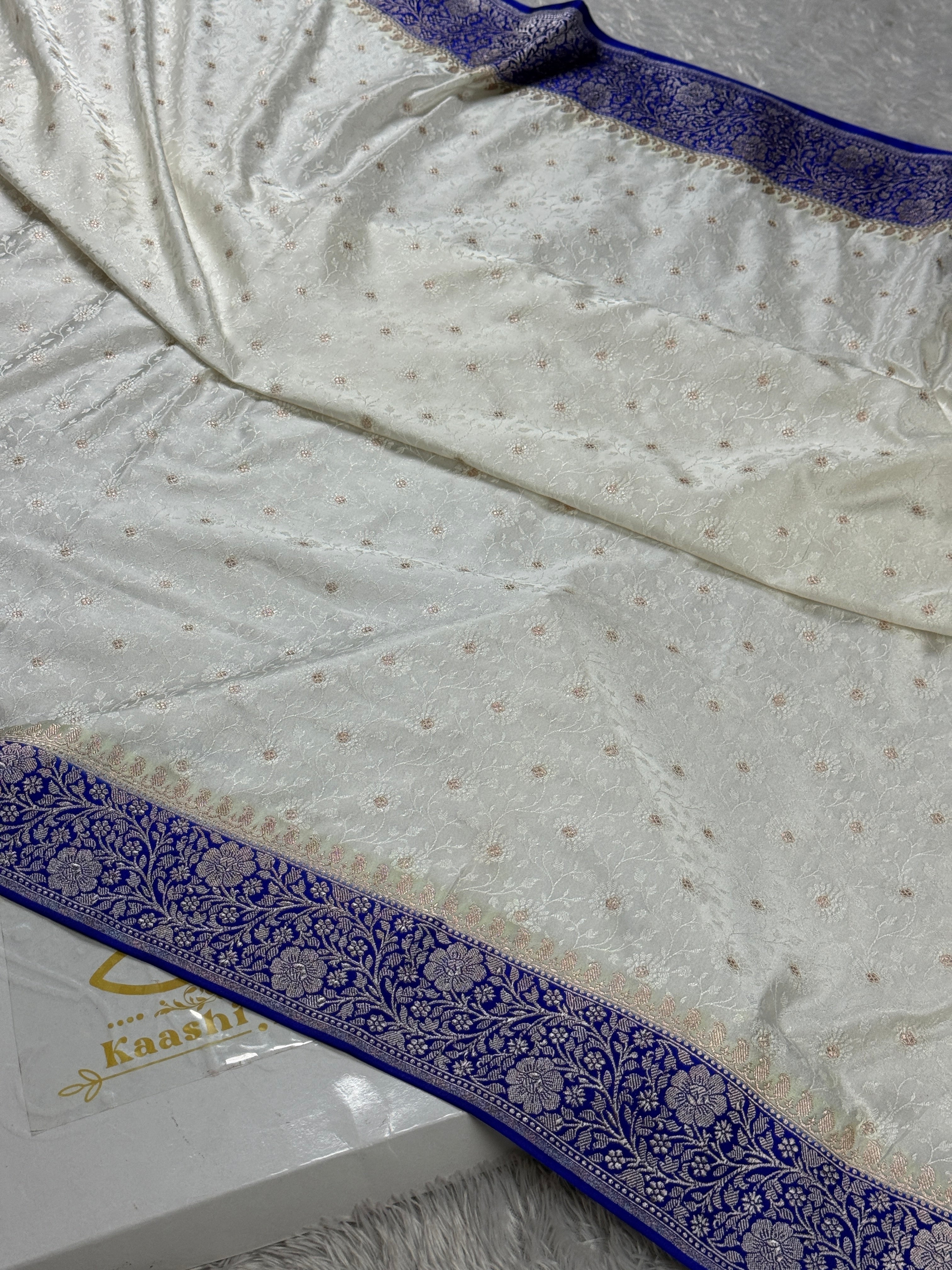 Cream Blue Contrast Zari Meena Tanchhoi Banarasi Mashru Silk Saree | Kaashi Threads | MKS517