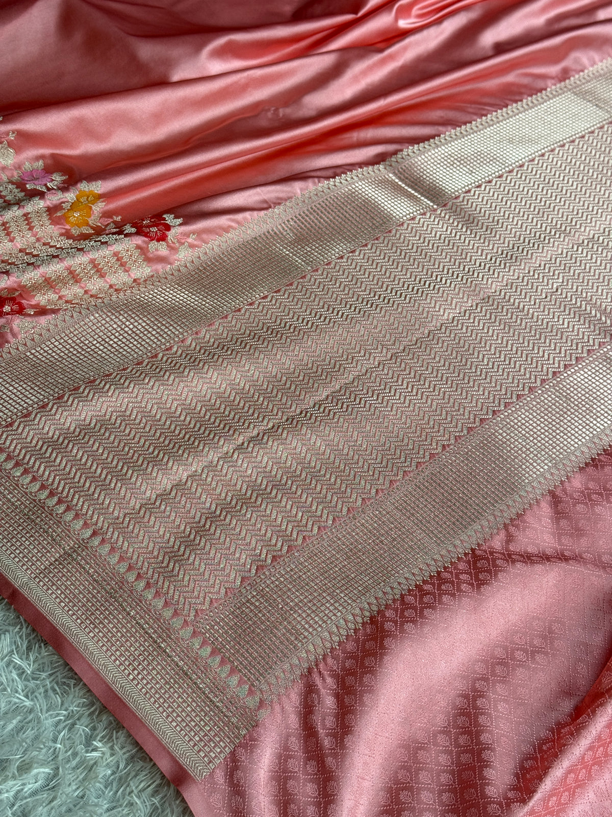 Peach Mashru Kataan Silk Saree with Ikkat Meenakari Design & Rich Zari Pallu | MKS814