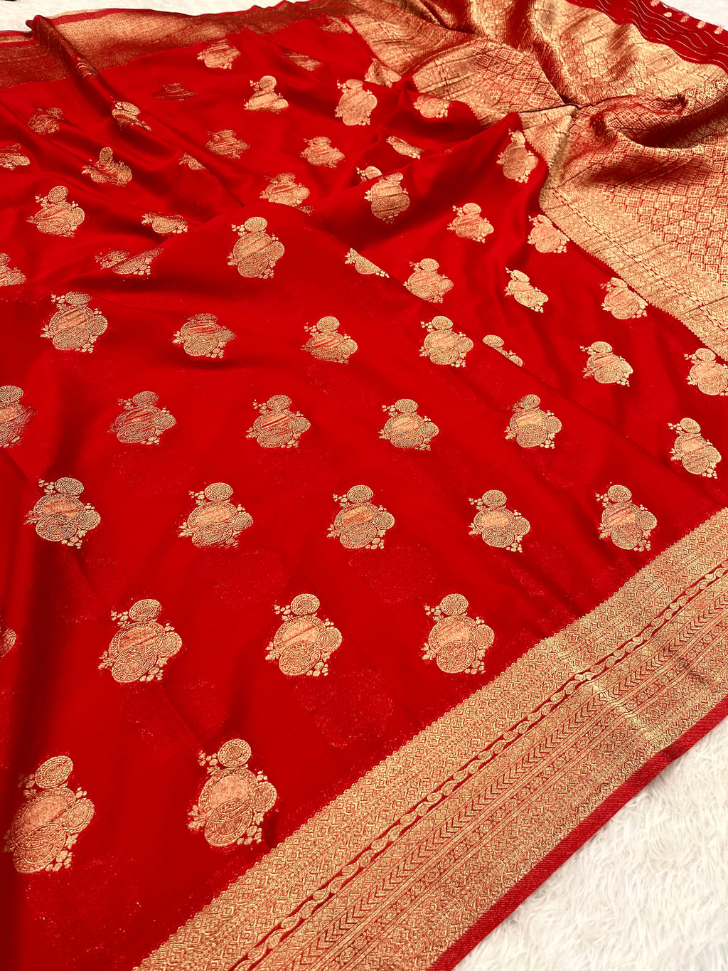 Chinon Silk Karry  Buta  Design Red  color  Saree CN08