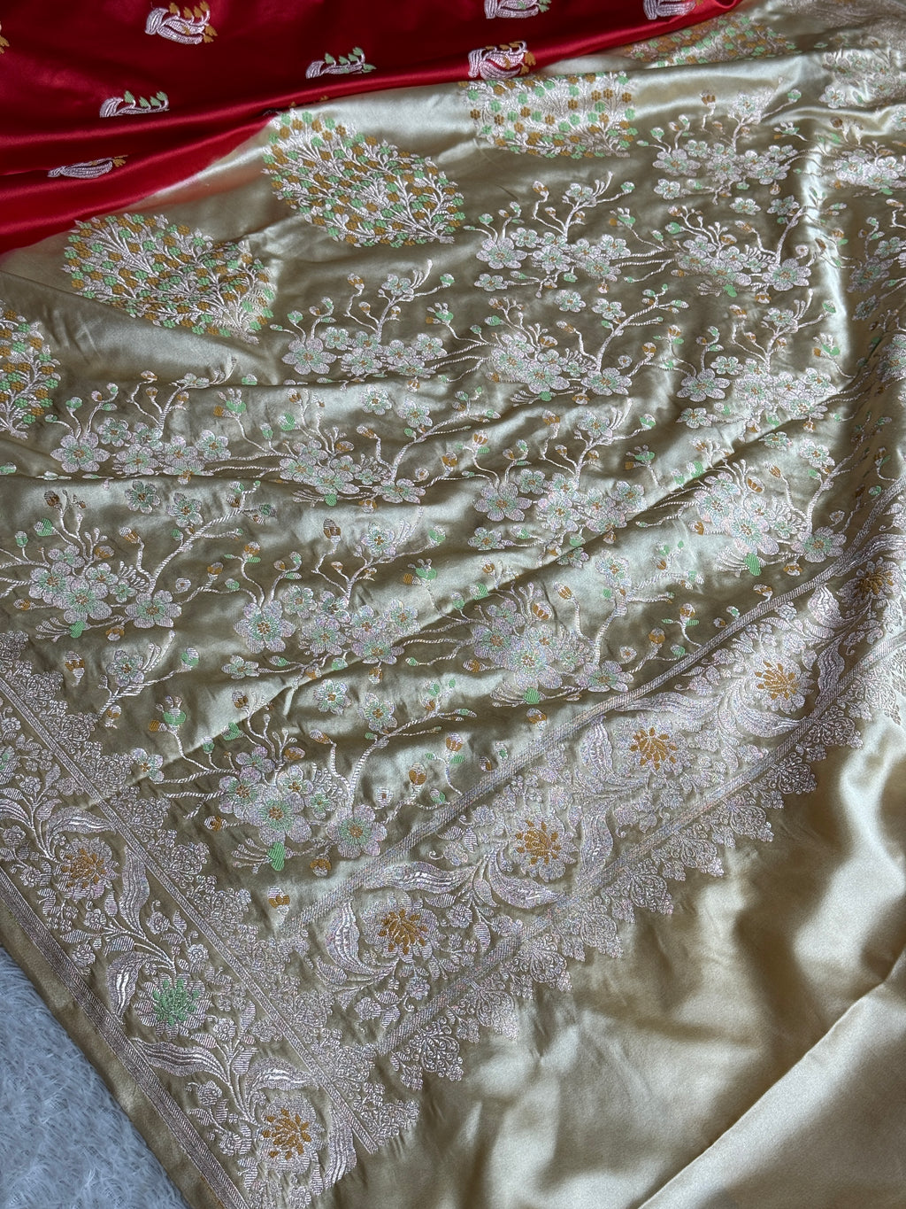 Maroon Beige Mashru Kataan Silk Saree with Silver Zari Meenakari Buta | MKS661