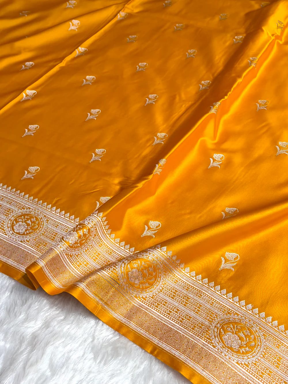 MKS305 Banarasi Mashru Silk Saree with Buta Pattern – Black, Red, Green, Yellow & Orange
