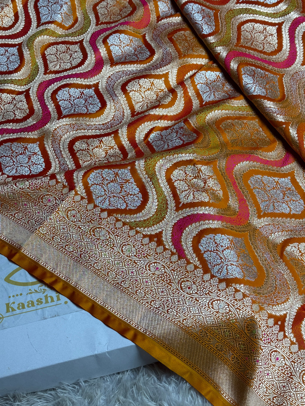 Mustard Orange Meena Kari Jaal Banarasi Satin Mashru Silk Saree MKS2