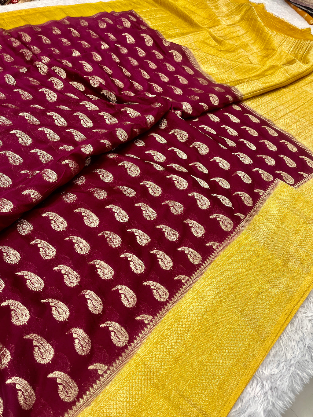 Chinon Silk Karry  Buta  Design Wine with yellow color  Saree CN07
