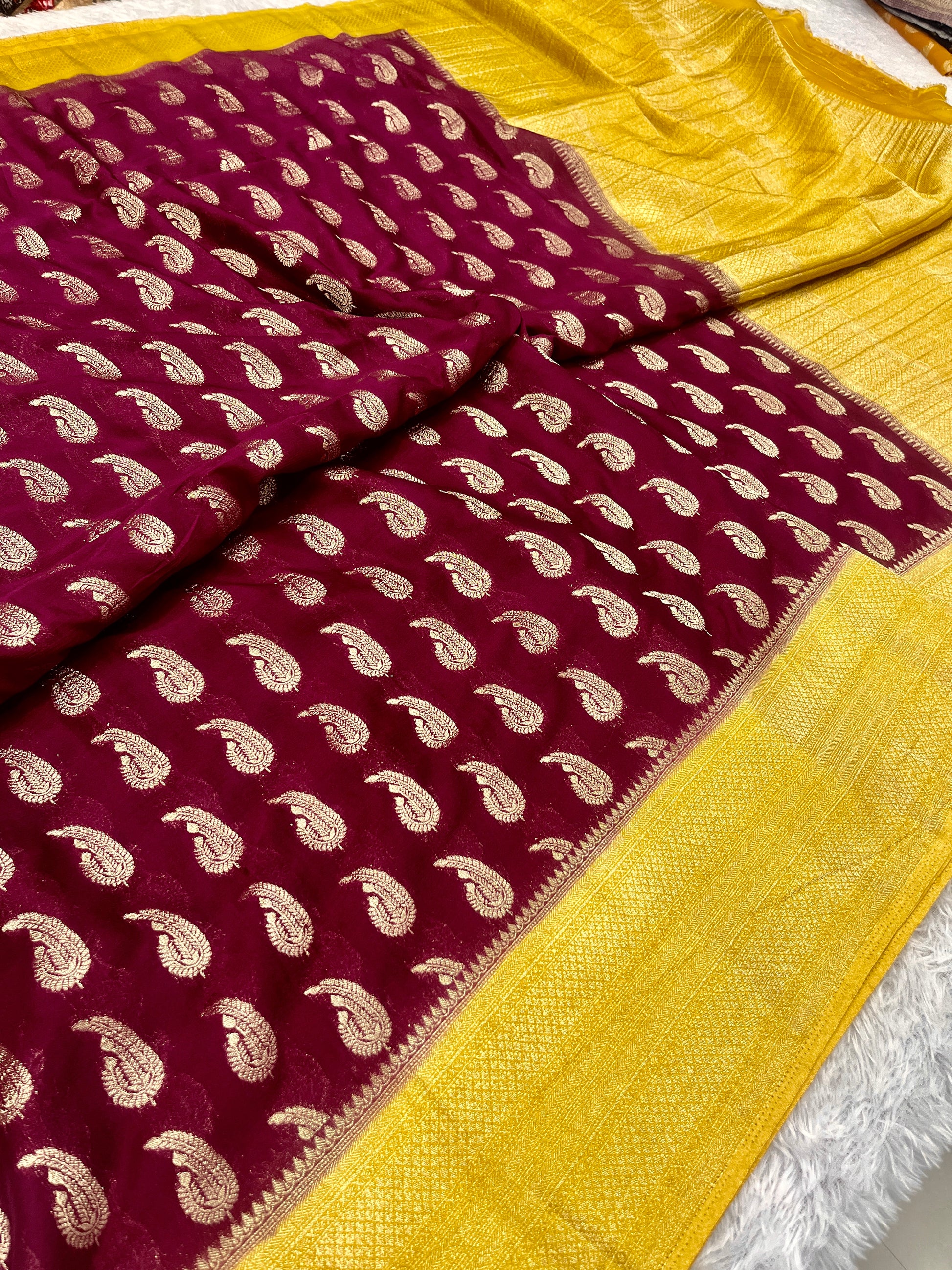Chinon Silk Karry  Buta  Design Wine with yellow color  Saree CN07