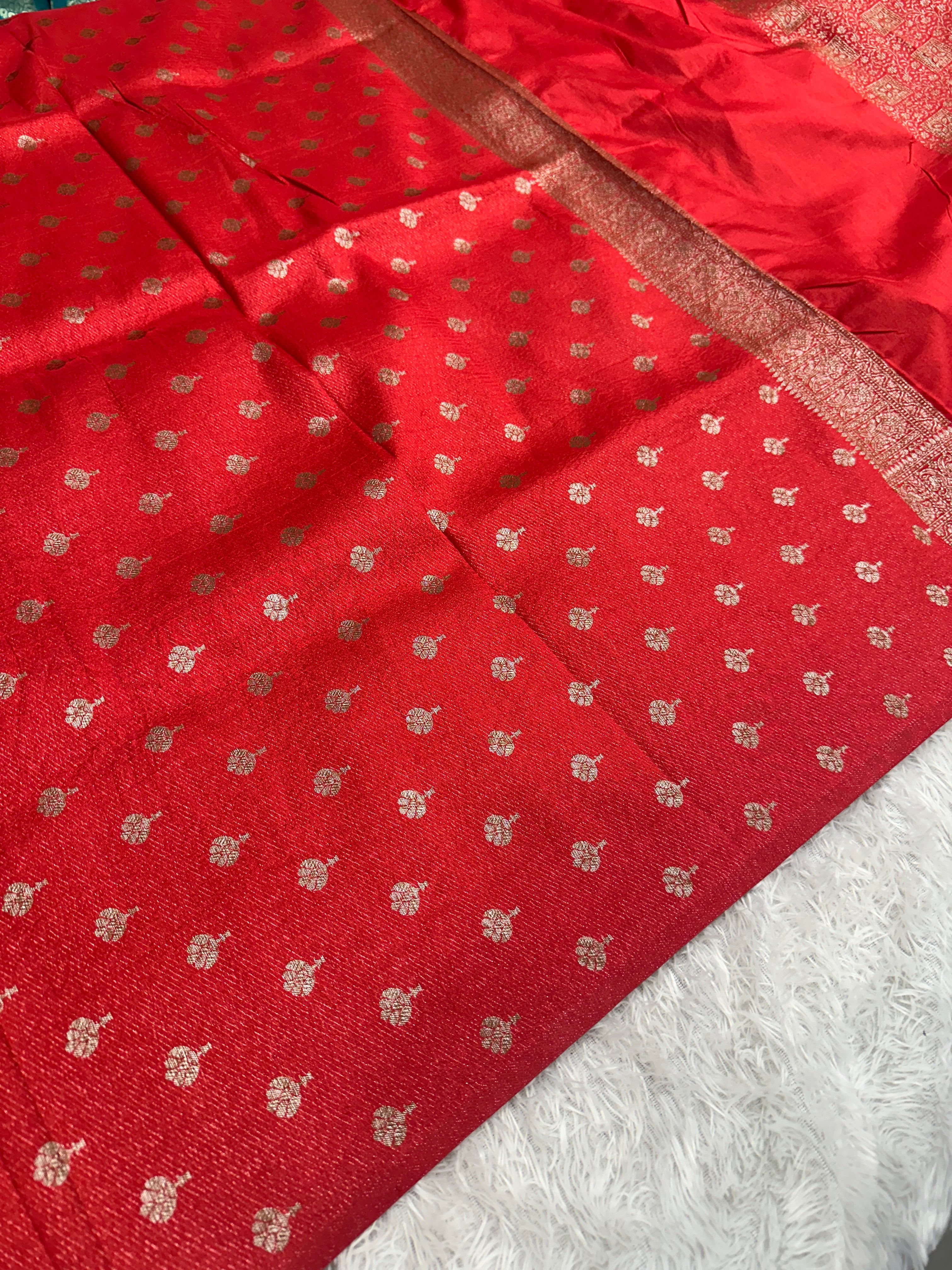 Red Banarasi Dupion Silk Saree with Embossed Antique Zari Weaving & Rich Antique Zari Pallu | STF107
