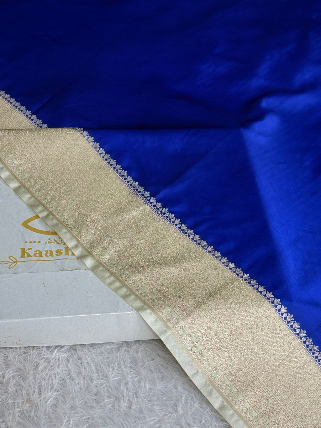 Mashru Kataan Silk Banarasi Saree – Blue with Cream Contrast | MKS709
