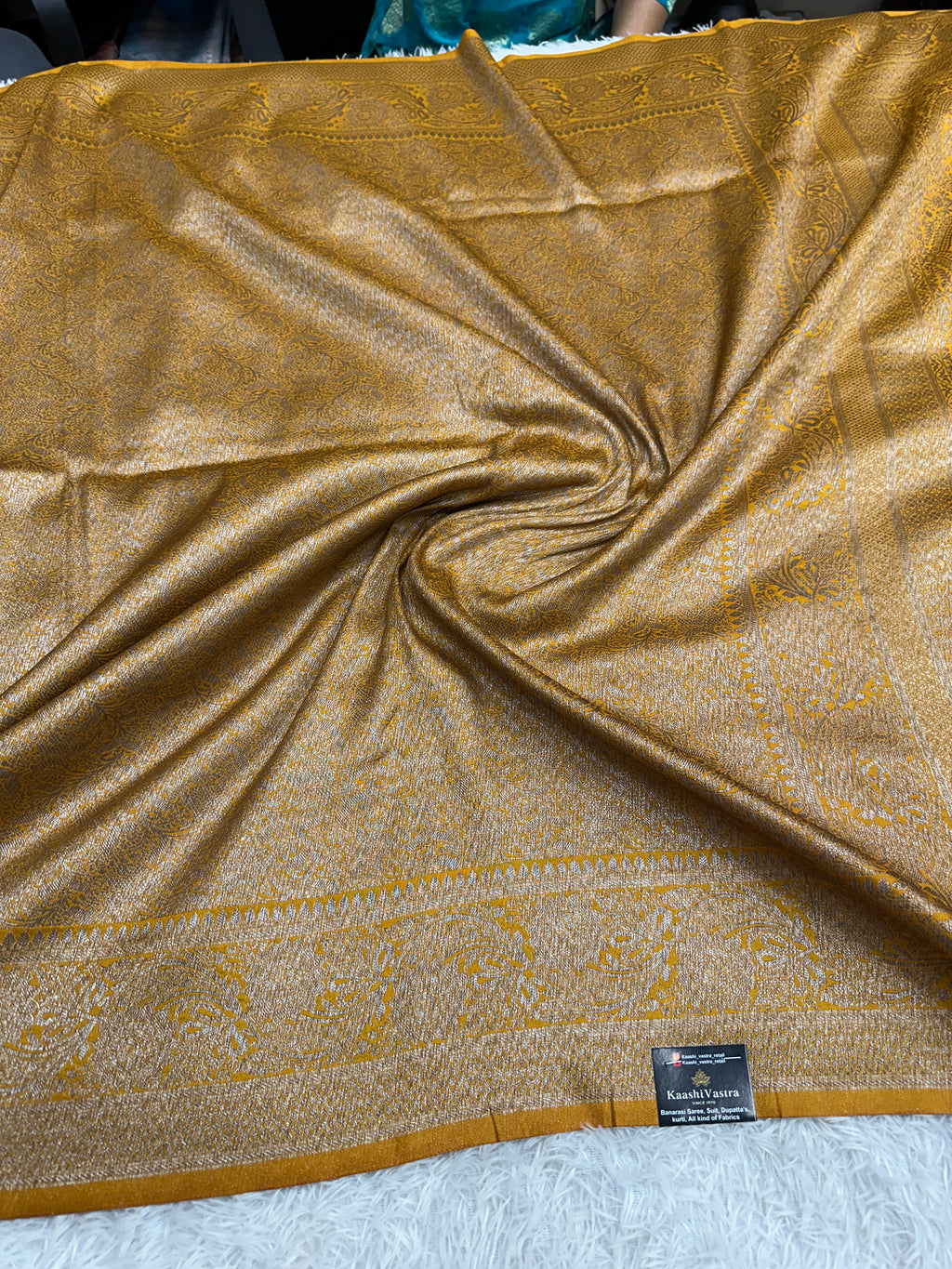 Mustard yellow Banarasi Dupion Silk Saree with Embossed Antique Zari Weaving & Rich Antique Zari Pallu | STF113