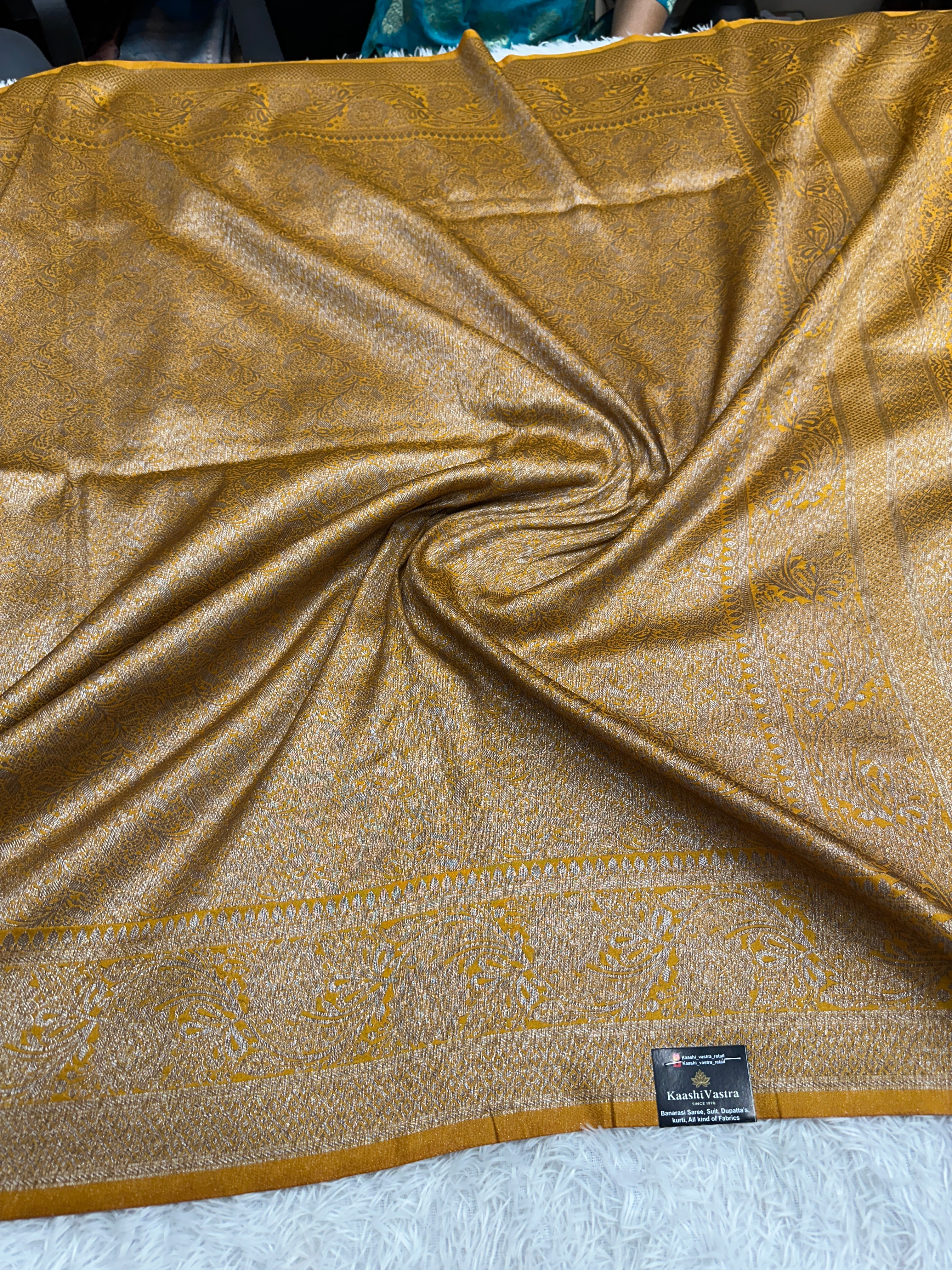 Mustard yellow Banarasi Dupion Silk Saree with Embossed Antique Zari Weaving & Rich Antique Zari Pallu | STF113