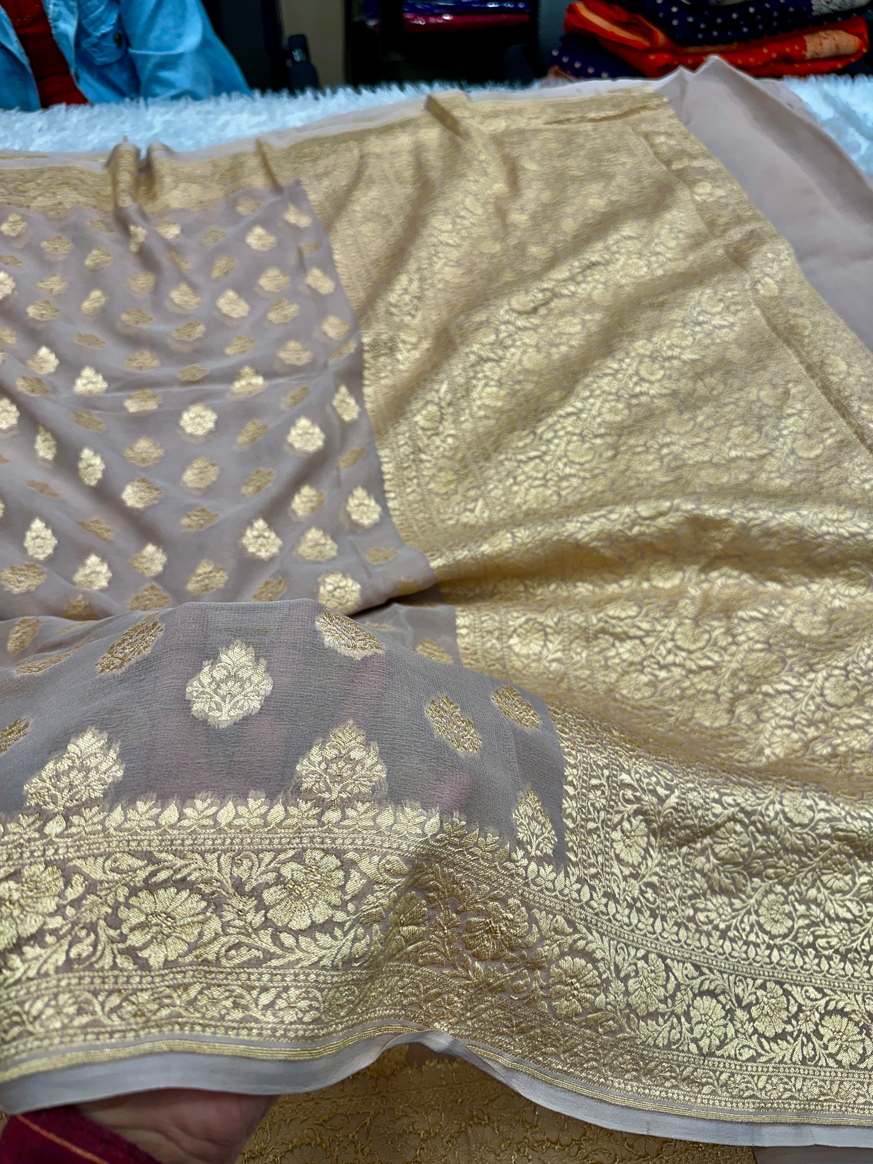 Beige Pure Natural Silk Khaddi Georgette Saree with Buta Woven Design | PSG11