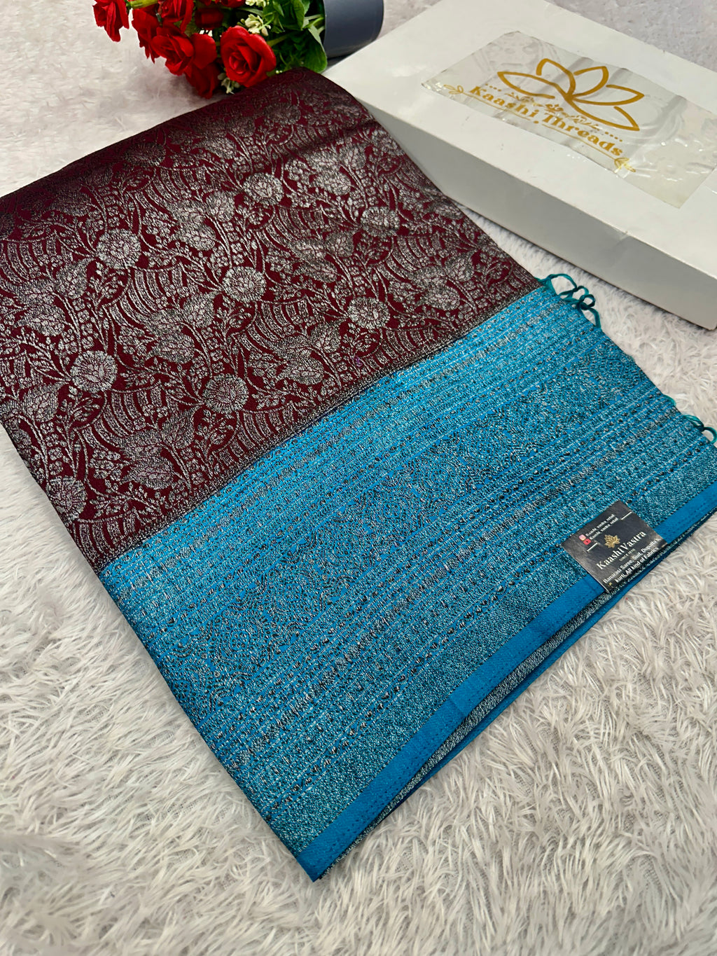 STF45 – Elegant Wine Dupion Saree with Silver-Black Antique Zari Weaving